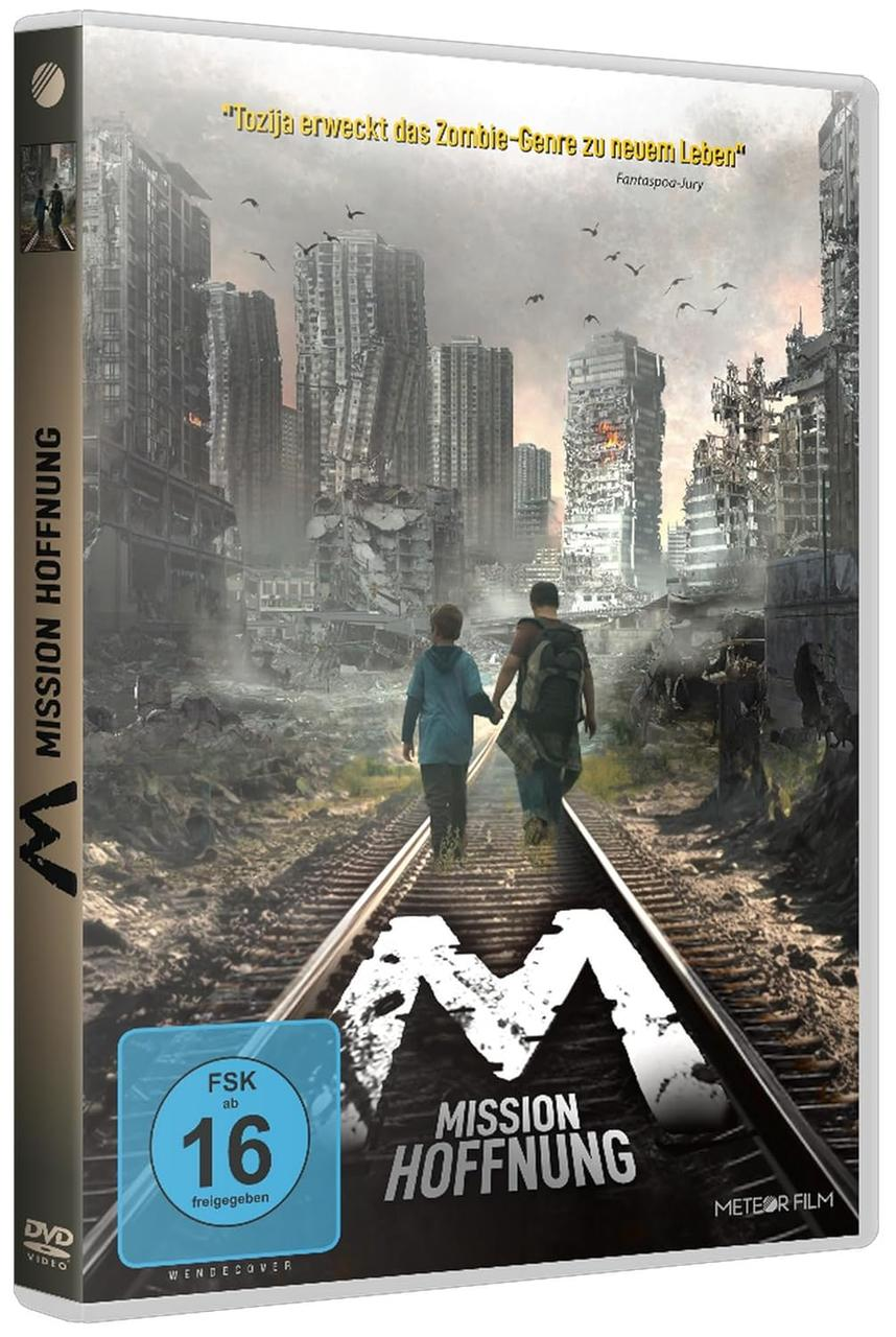DVD-Cover von 'Mission Hoffnung'. Postapokalyptische Szene. Gebäude im Hintergrund.