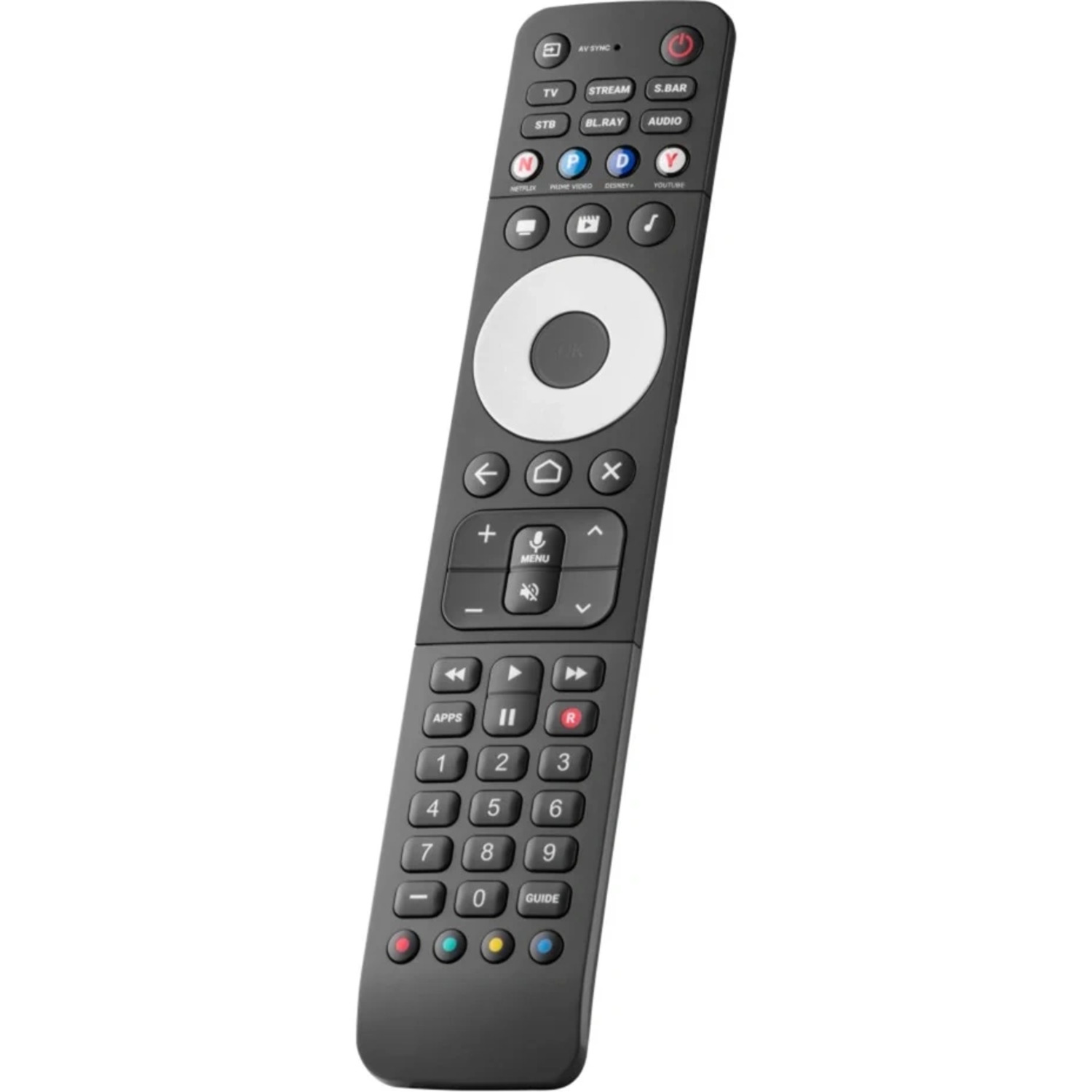 Black remote control with numerous buttons. Includes navigation, number, and streaming service buttons.