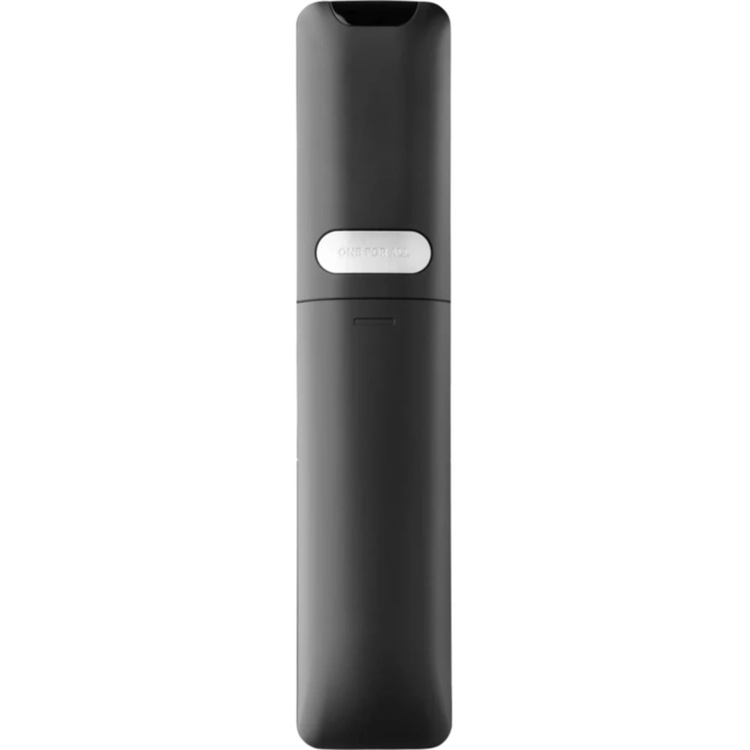 A black remote control with a white button and the text "ONE FOR ALL".