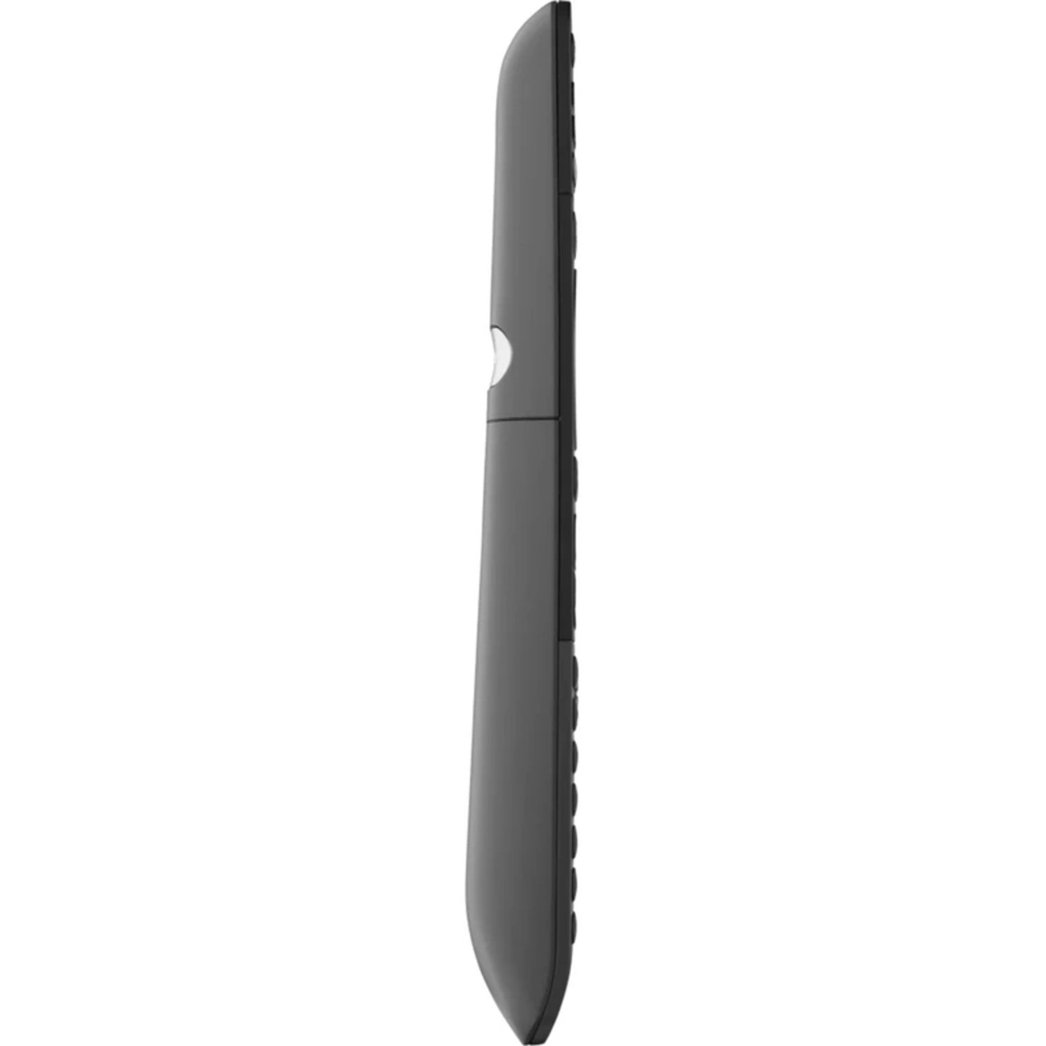 A side view of a black remote control. The background is white. It has buttons and a curved design.