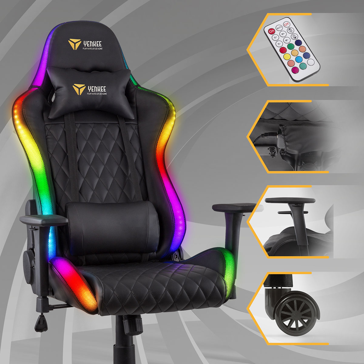Fekete gamer szék LED-es lámpákkal. Tartalmaz távirányítót és a szék részleteit.