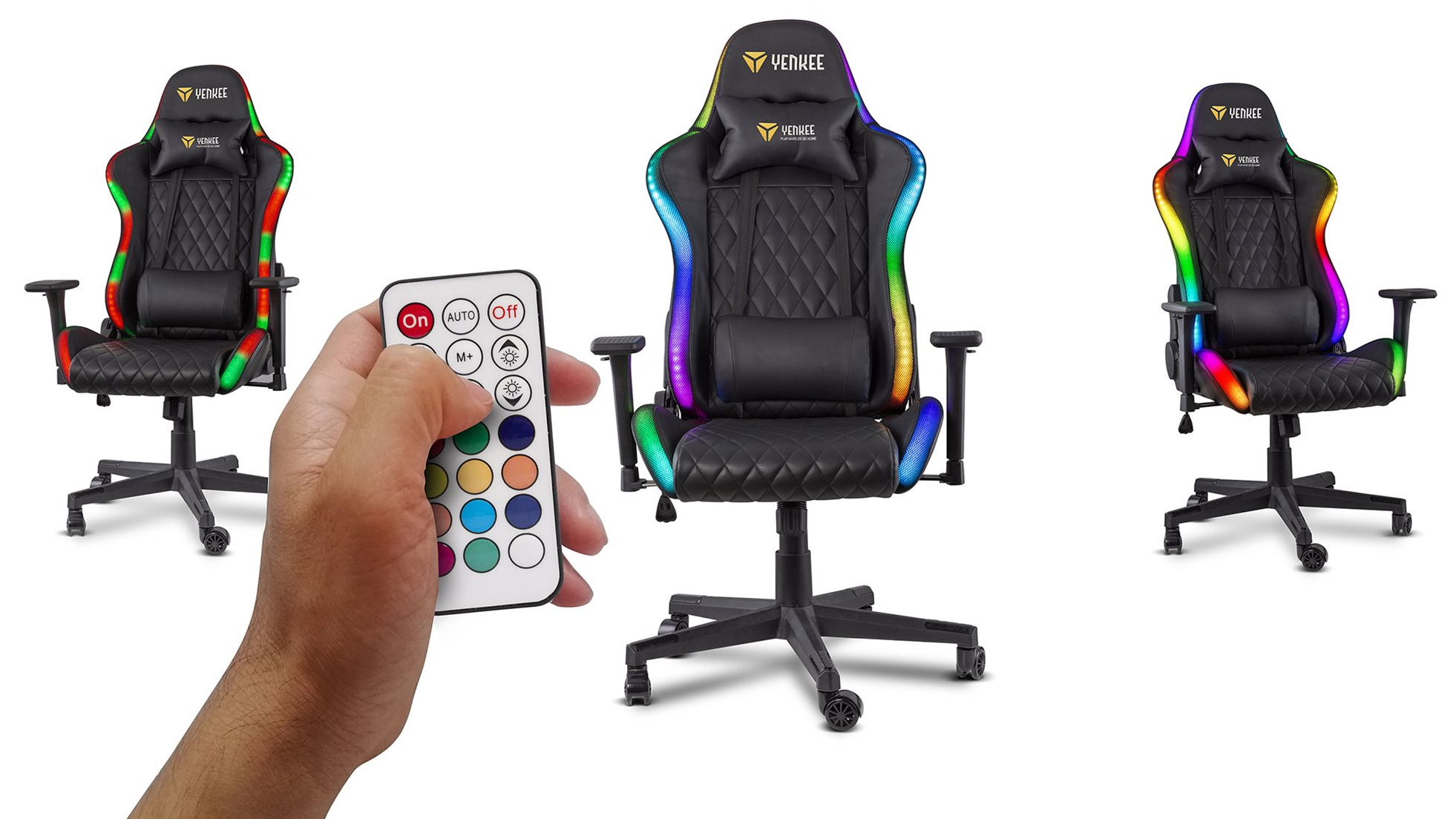 Három fekete gamer szék RGB-vel, távirányítóval.