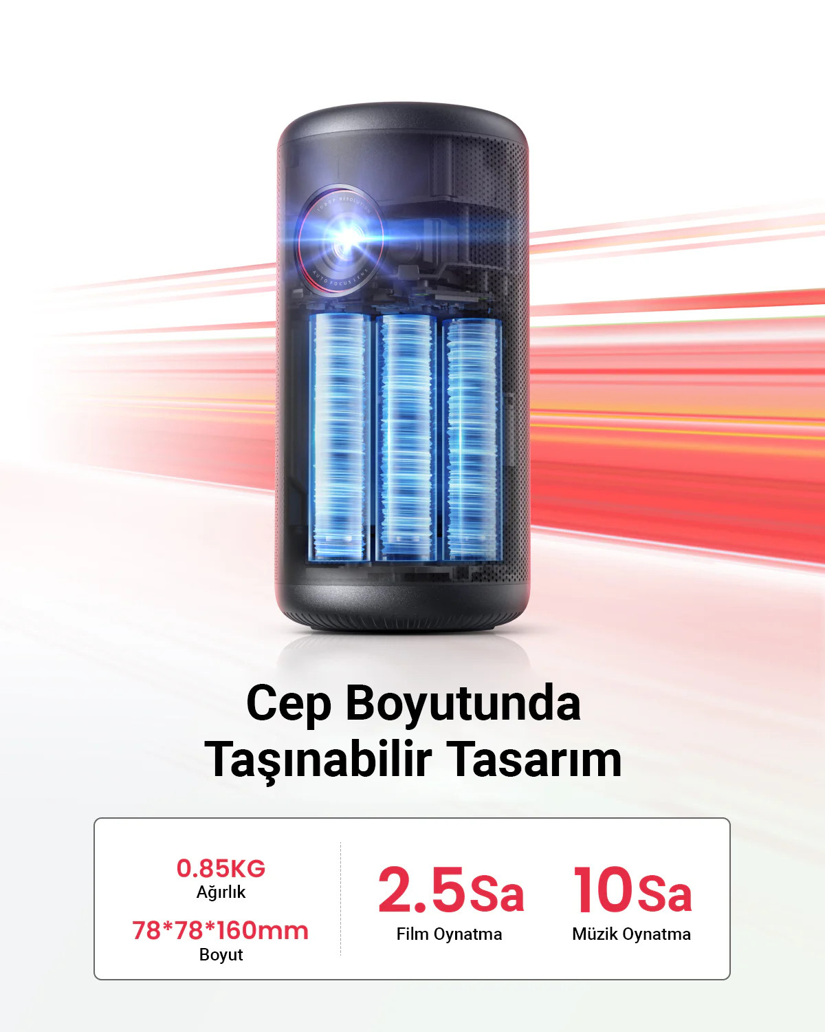 Üç mavi pil ışığı ve Türkçe metin içeren siyah taşınabilir projektör.