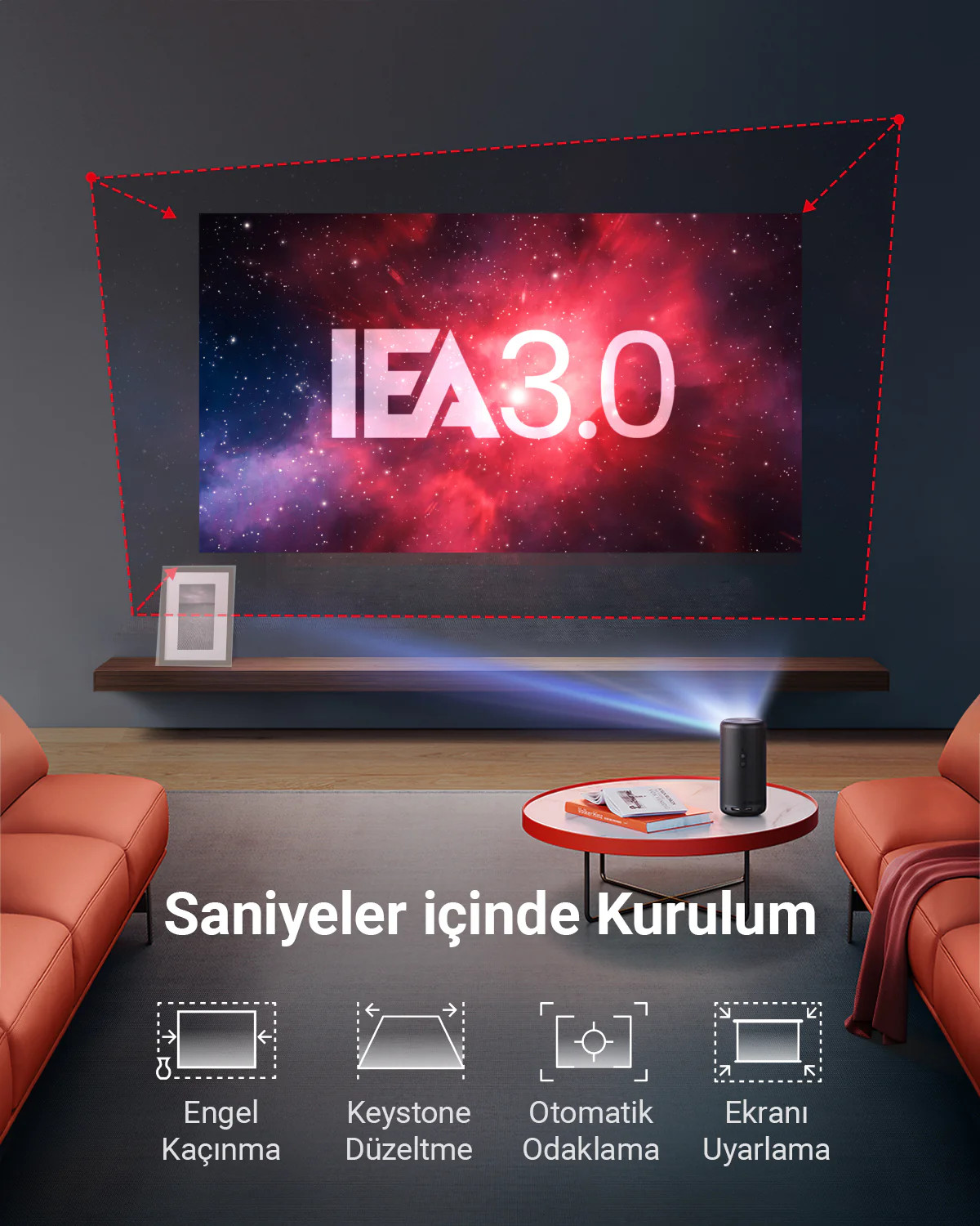 IFA 3.0 ekranlı oturma odası. Kırmızı kanepeler, masa ve projektör.