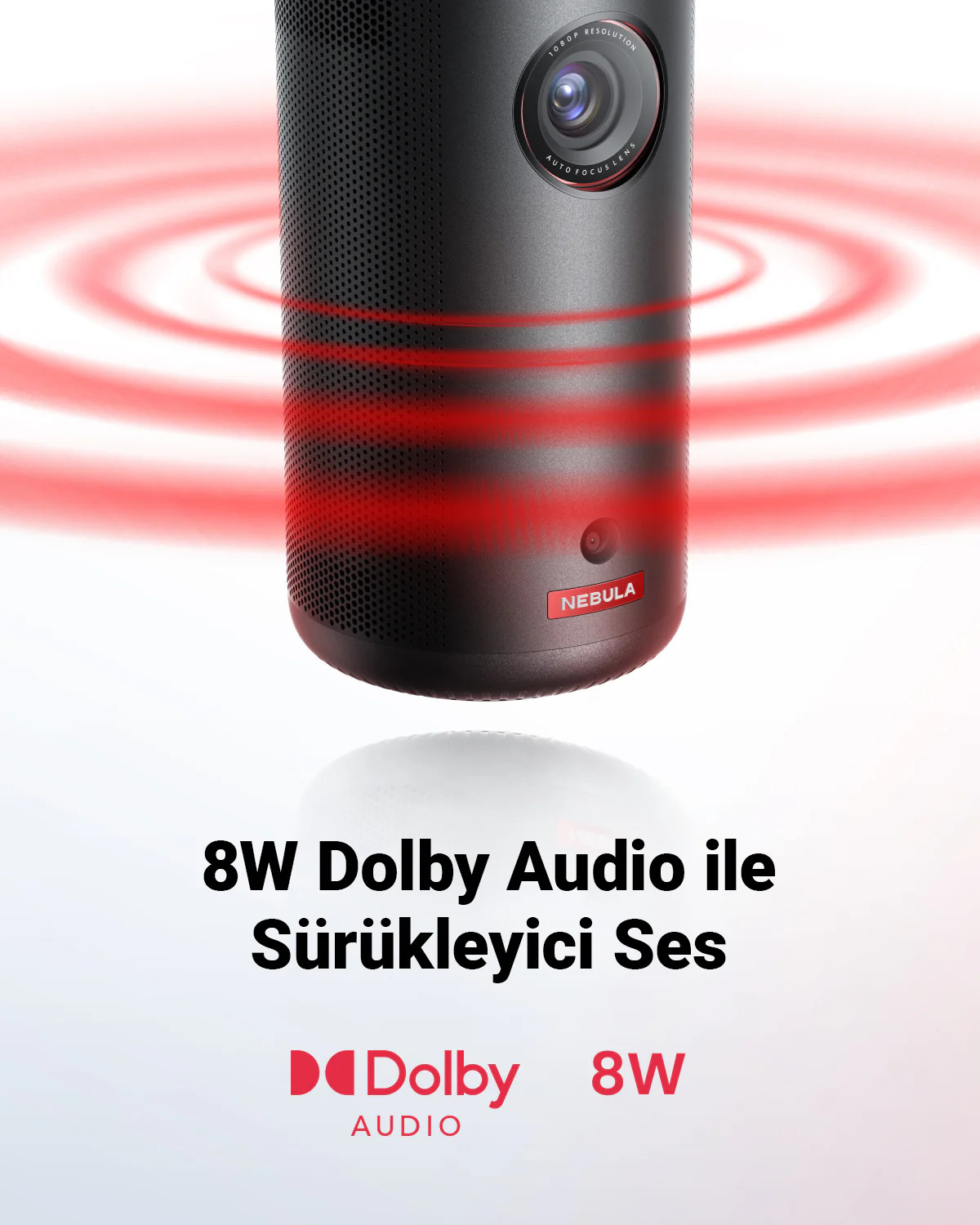 Kırmızı ışık dalgalarına sahip siyah silindirik bir projektör. Metin: 8W Dolby Audio ve Dolby ve 8W logoları.