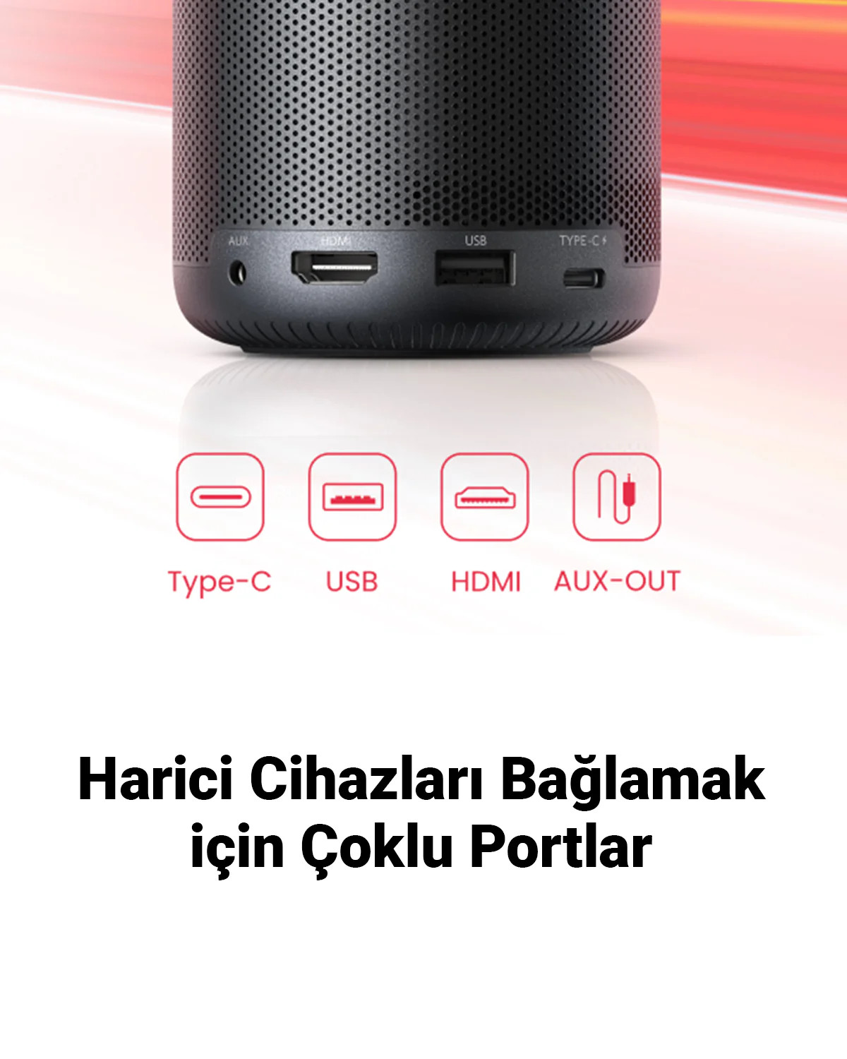 Type-C, USB, HDMI ve AUX-OUT dahil bağlantı noktalarına sahip siyah hoparlör tabanı.