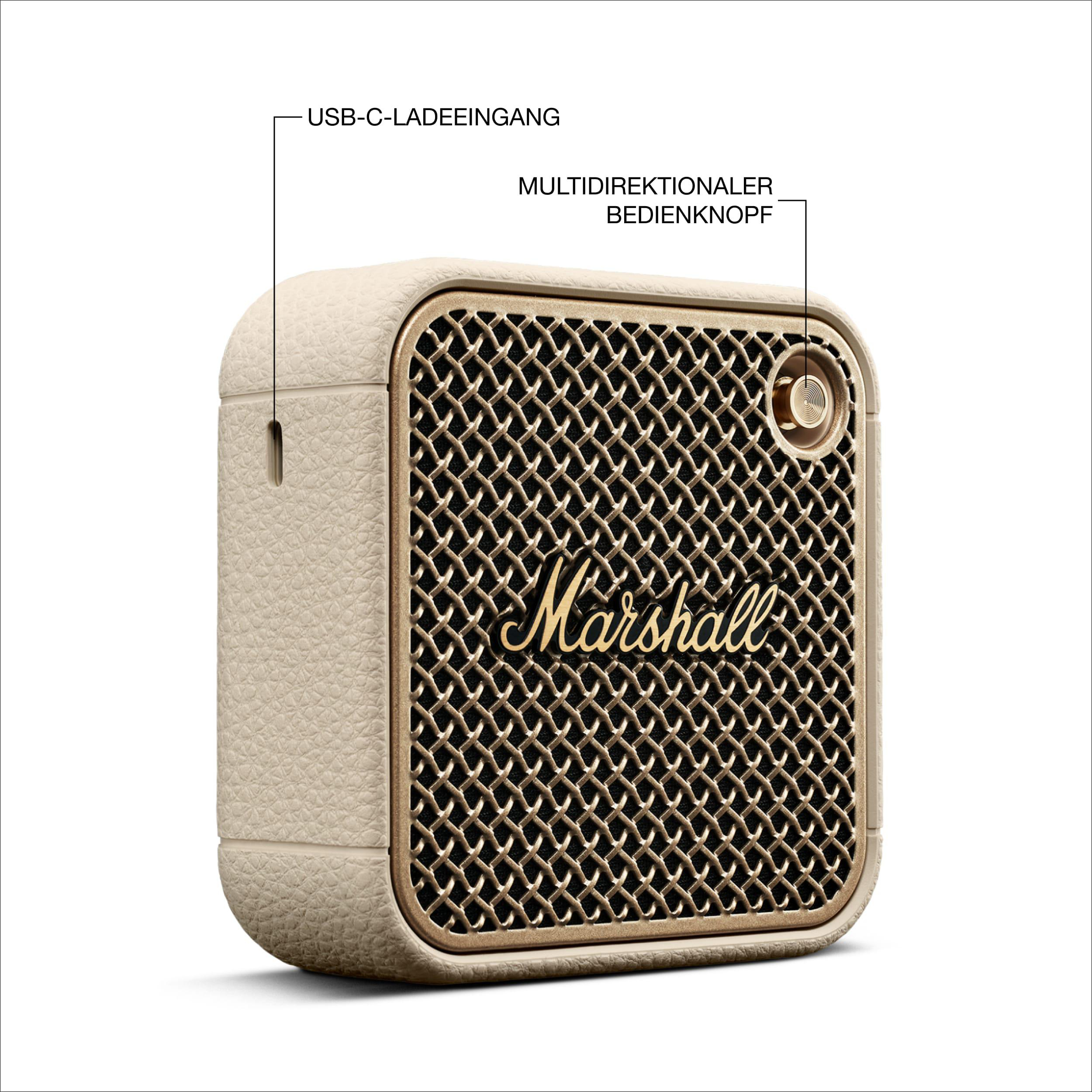 Kleiner, beiger Marshall-Lautsprecher mit goldfarbener Gitterfront. Ein USB-C-Anschluss und ein Drehknopf.