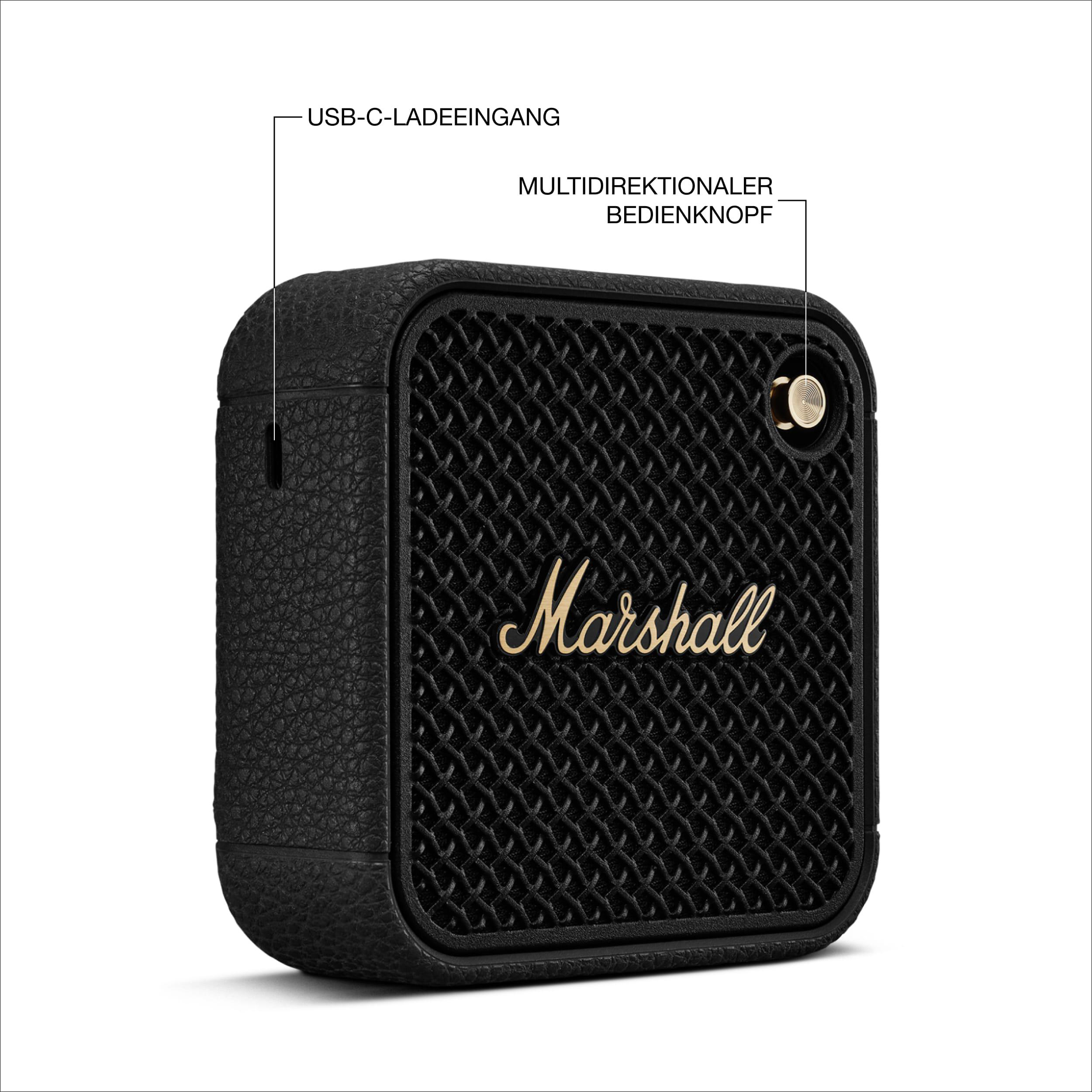 Schwarzer Marshall-Lautsprecher mit goldenem Logo, USB-Anschluss und Bedienelementen.