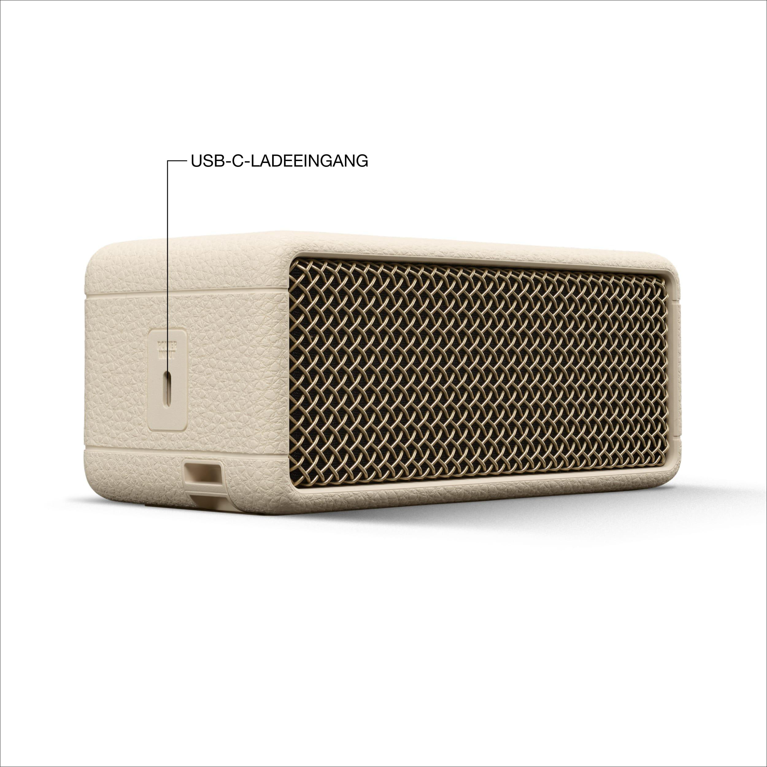 Ein kleiner, beigefarbener Lautsprecher mit USB-C-Anschluss. Der Lautsprecher hat eine Gitterfront.