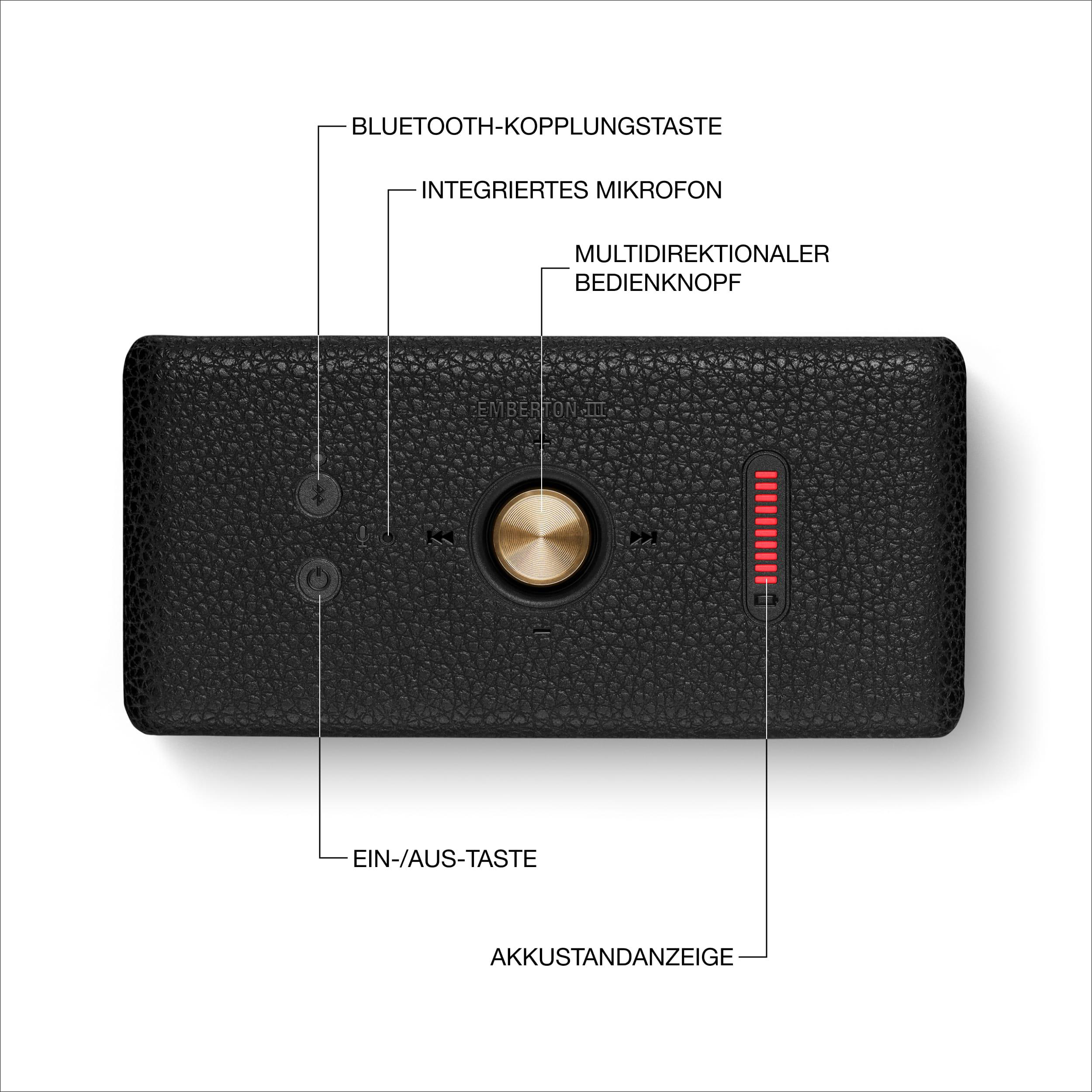 Ein schwarzer Lautsprecher mit einem goldenen Knopf und roten LED-Anzeigen. Beschriftungen zeigen: Strom, Bluetooth und Lautstärke.