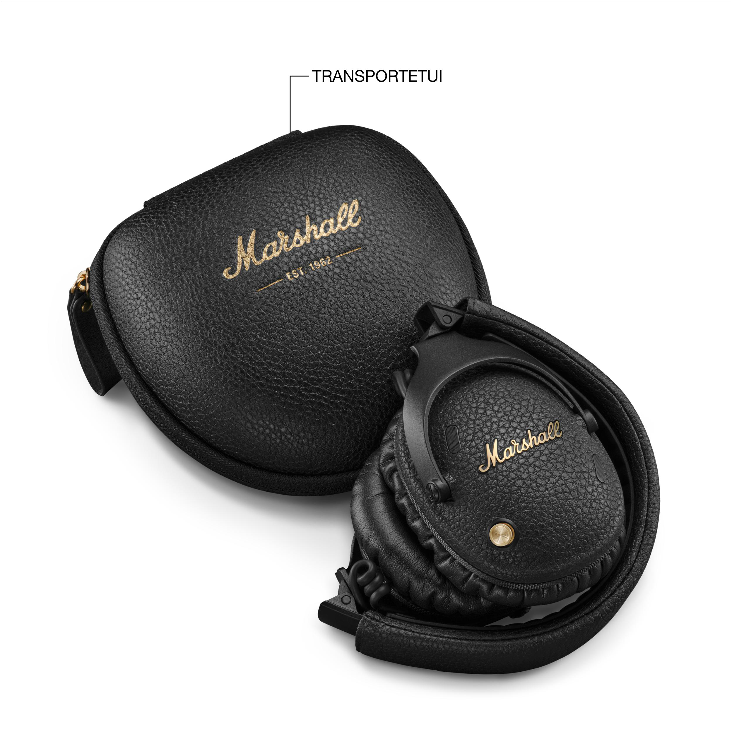 Schwarze Lederkopfhörer, zusammengeklappt und in einem passenden Etui. Goldenes Marshall-Logo.