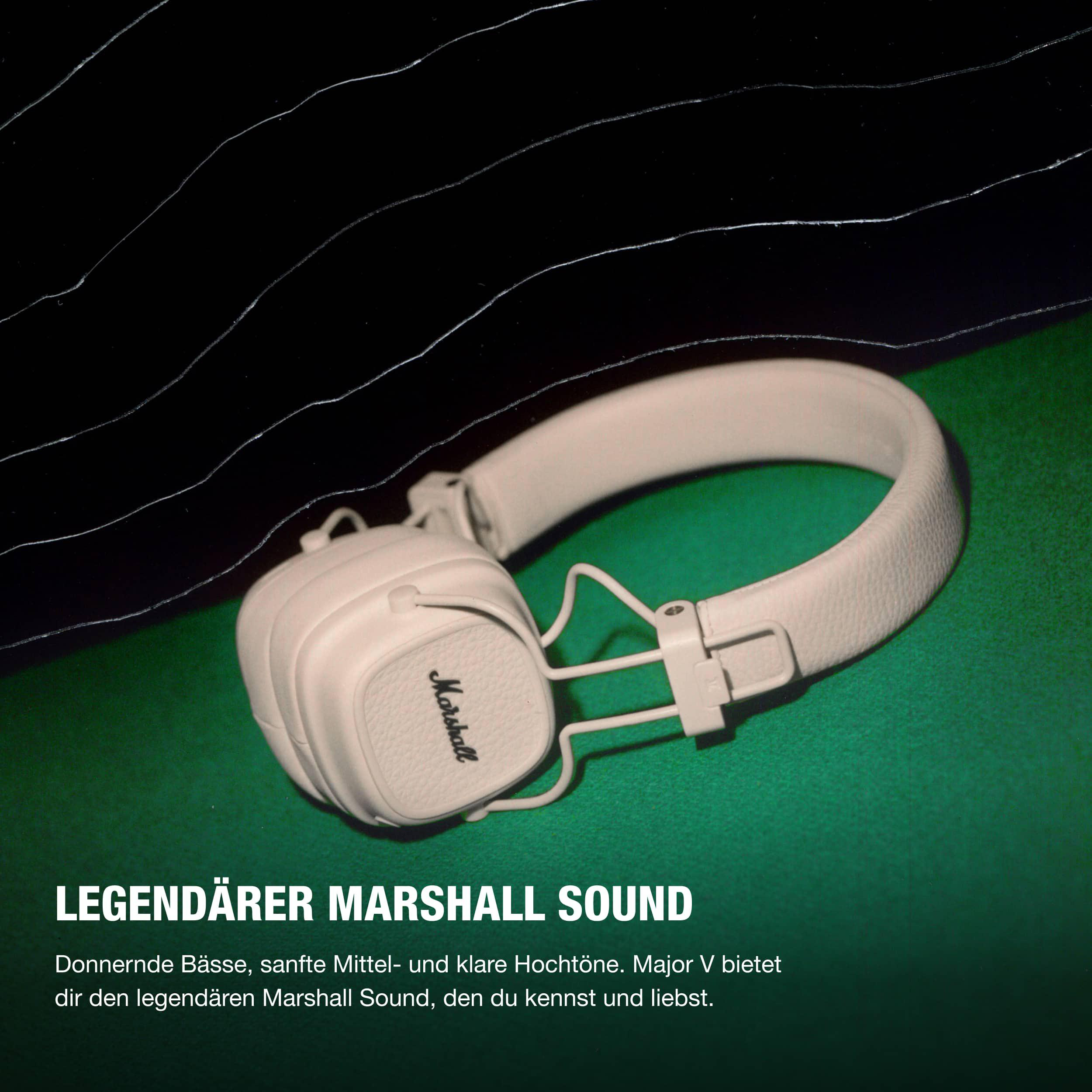 Weiße Kopfhörer auf grünem Untergrund mit Text zum Thema Sound.