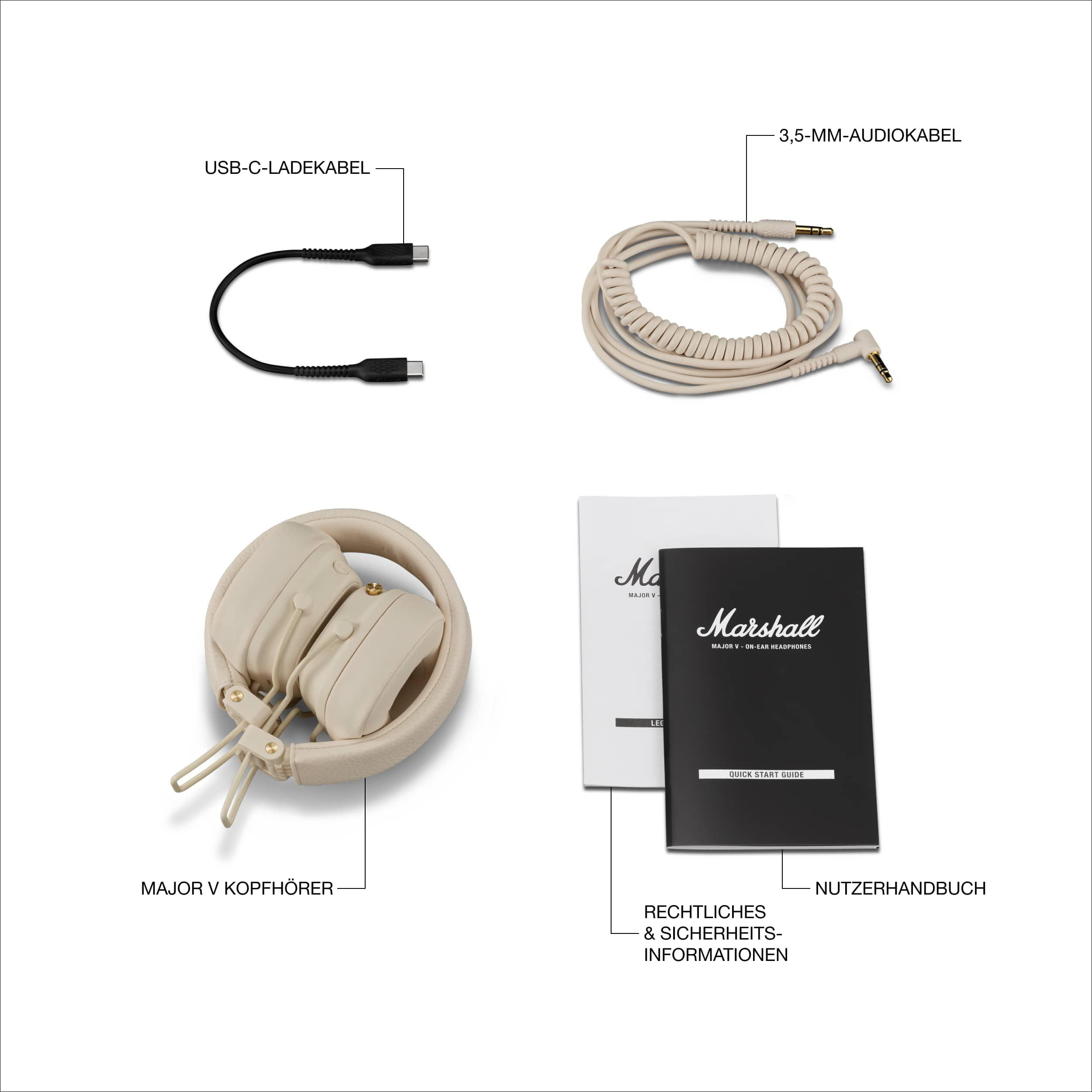 Gefalteter beiger Kopfhörer, USB-C-Kabel, 3,5-mm-Audiokabel und eine Kurzanleitung.