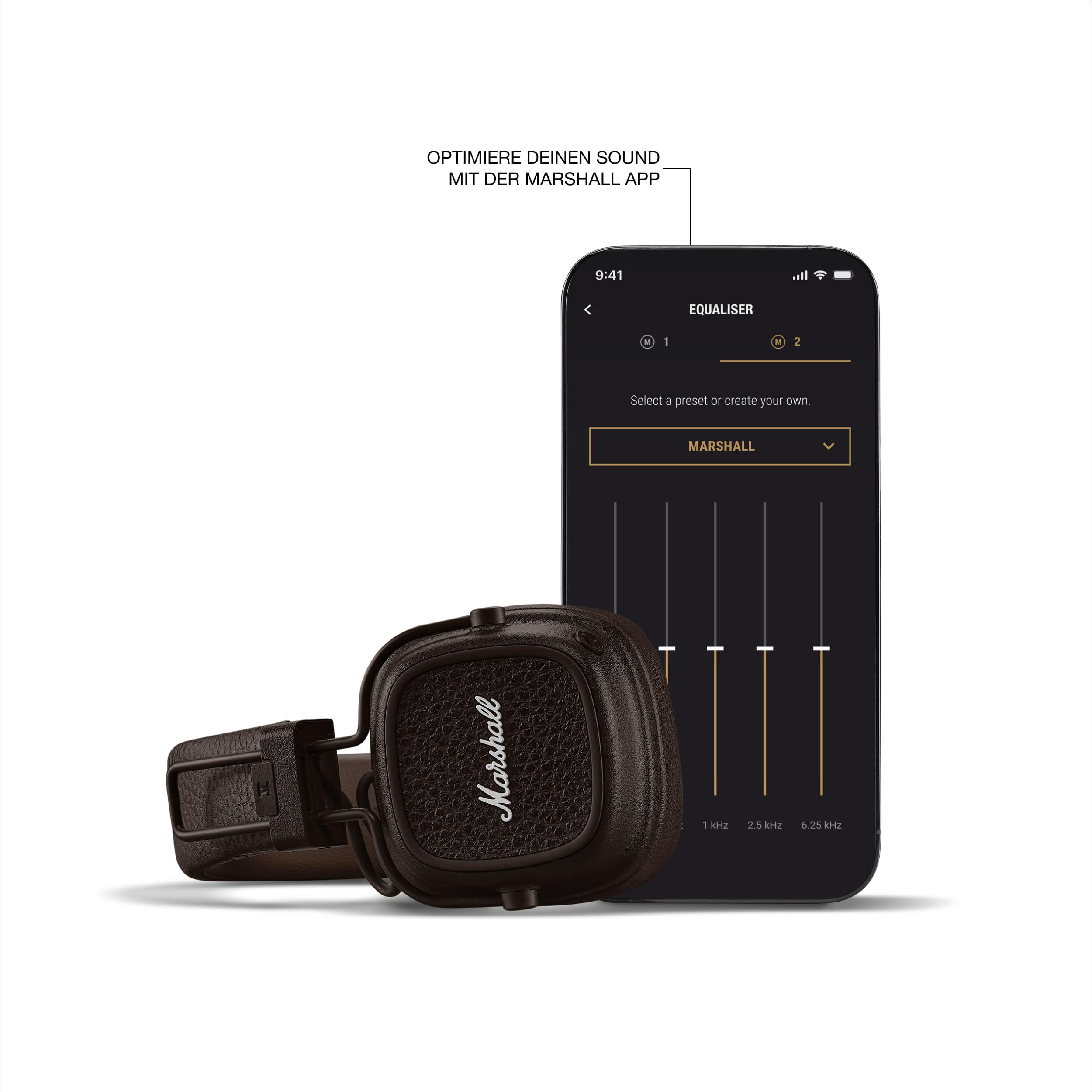 Braune Marshall Kopfhörer und ein Smartphone, das eine Equalizer-App zeigt. Text sagt 'Optimieren Sie Ihren Sound'.