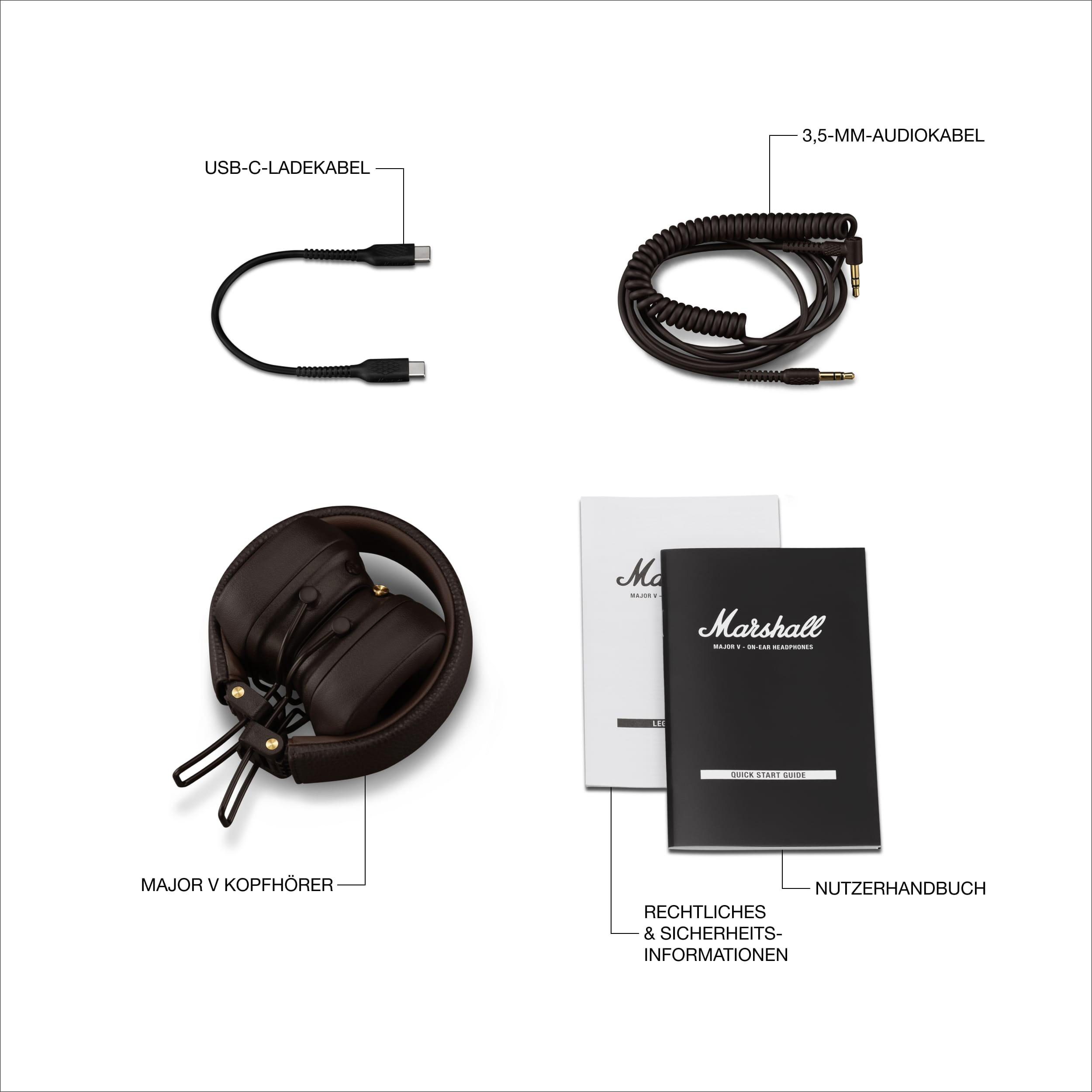 Kopfhörer, Kabel und Handbücher auf weißer Oberfläche. Textkennzeichnungen.