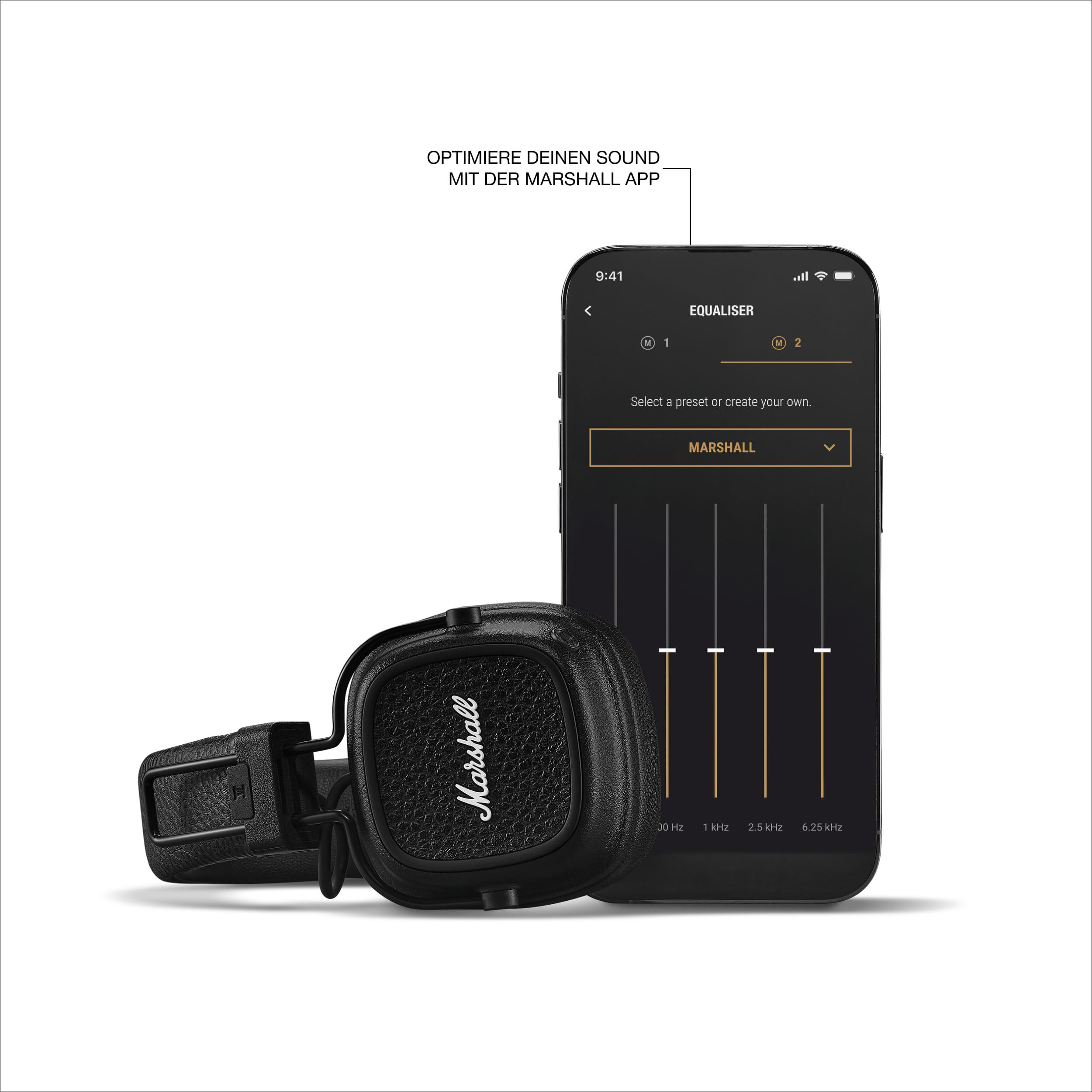 Schwarzer Marshall-Kopfhörer und Telefon mit Equalizer-Einstellungen.