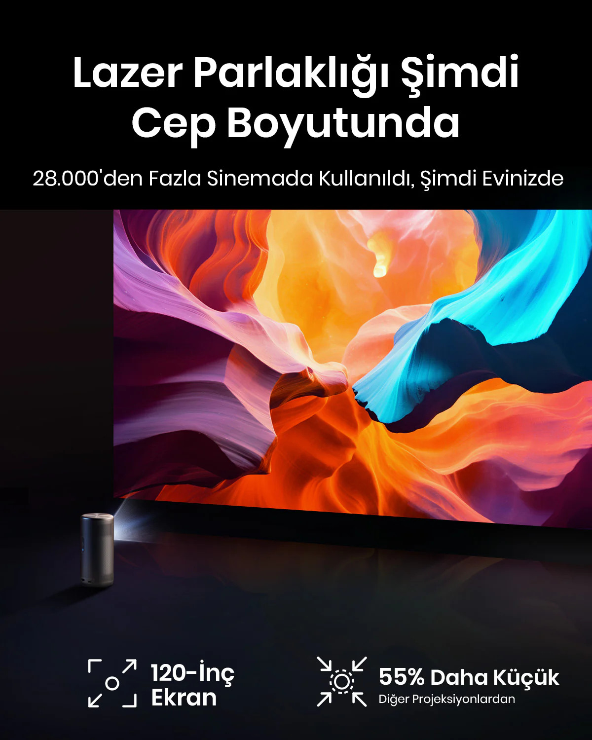 Ekrana renkli bir görüntü yansıtan bir projektör. Üstte ve altta Türkçe metin.