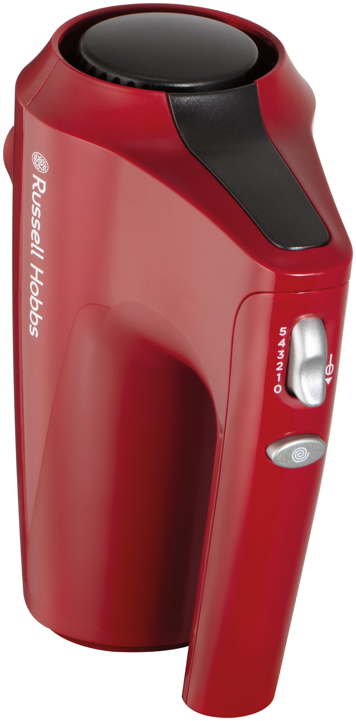 Piros Russell Hobbs kézi mixer fekete tetővel és ezüst sebességszabályzóval.