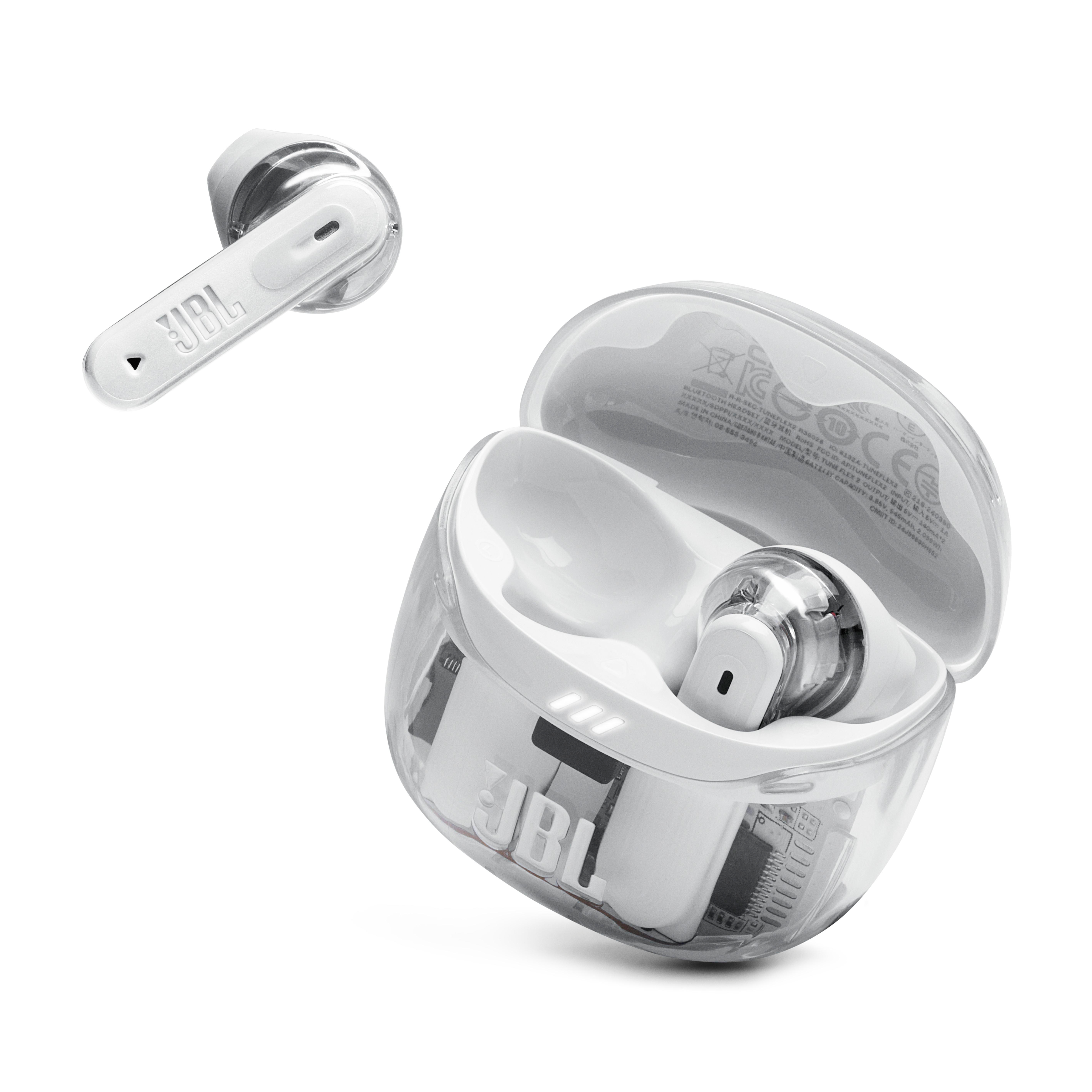 Weiße JBL-Ohrhörer und Ladecase. Das Case ist geöffnet. Die Ohrhörer sind klar mit JBL-Logos.