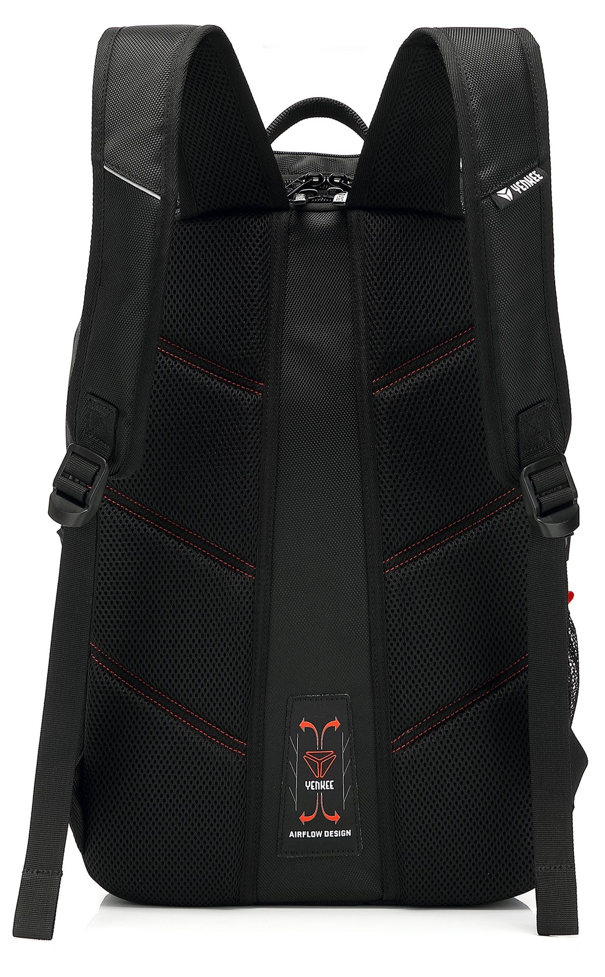 Fekete hátizsák hátulnézete piros varrással, hálós háttal és AIRFLOW DESIGN felirattal.