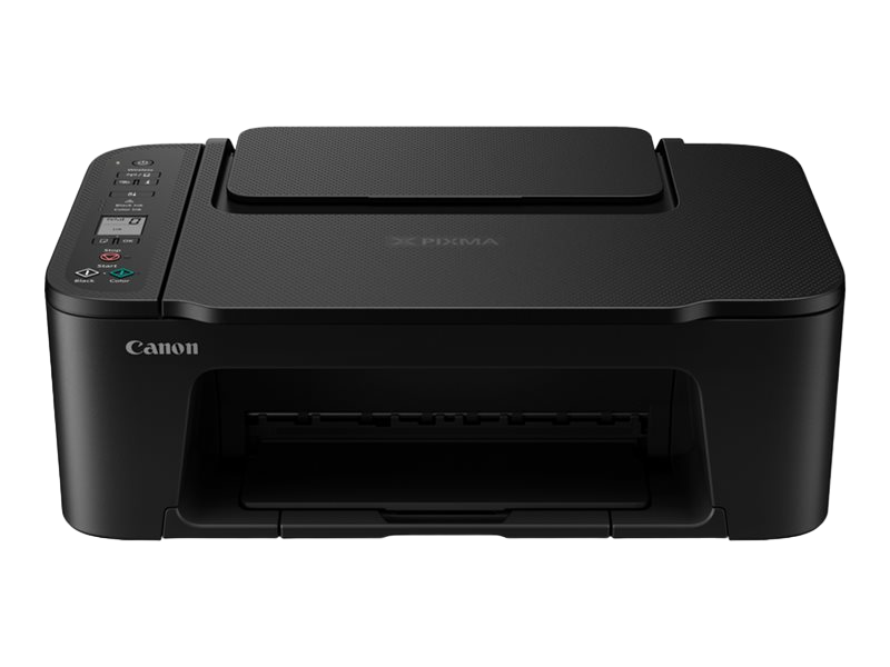 Schwarzer Canon Pixma Drucker. Er hat einen Scanner, ein Bedienfeld und Farbtintenpatronenschlitze.