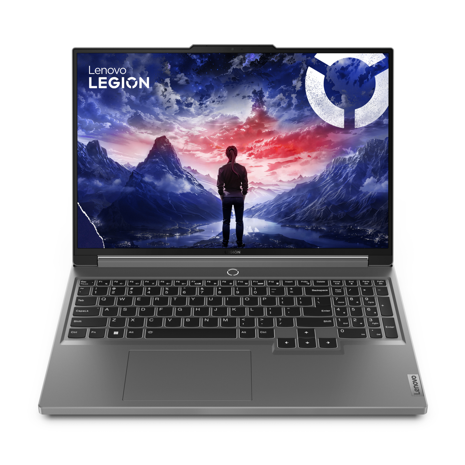 Lenovo Legion laptop met een game-scène, zwarte achtergrond.