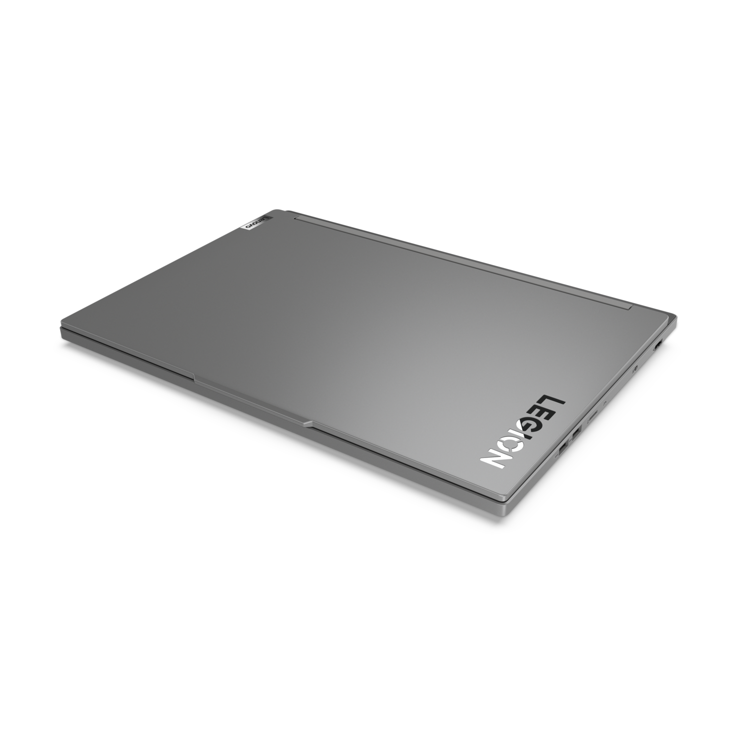 Een gesloten, grijze Lenovo Legion-laptop. Het woord 'LEGION' staat in de rechterbovenhoek.