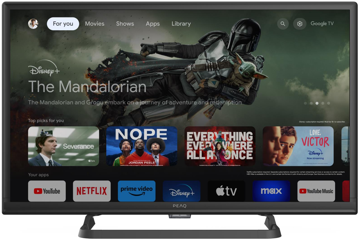 Fernsehbildschirm, der die Disney+-App mit The Mandalorian anzeigt. Zeigt mehrere App-Symbole unten.