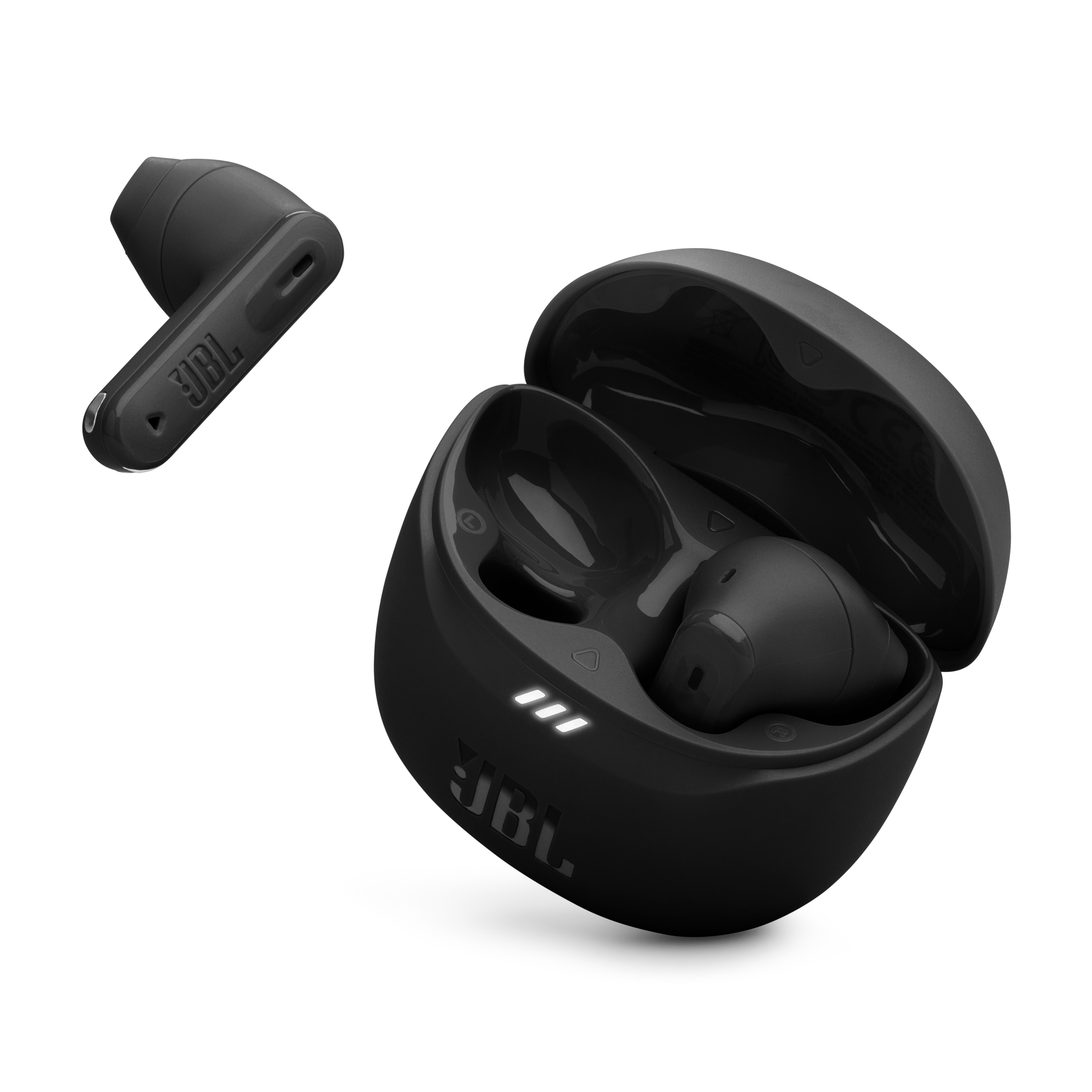Schwarze JBL Ohrhörer und Ladeetui mit drei weißen Kontrollleuchten.
