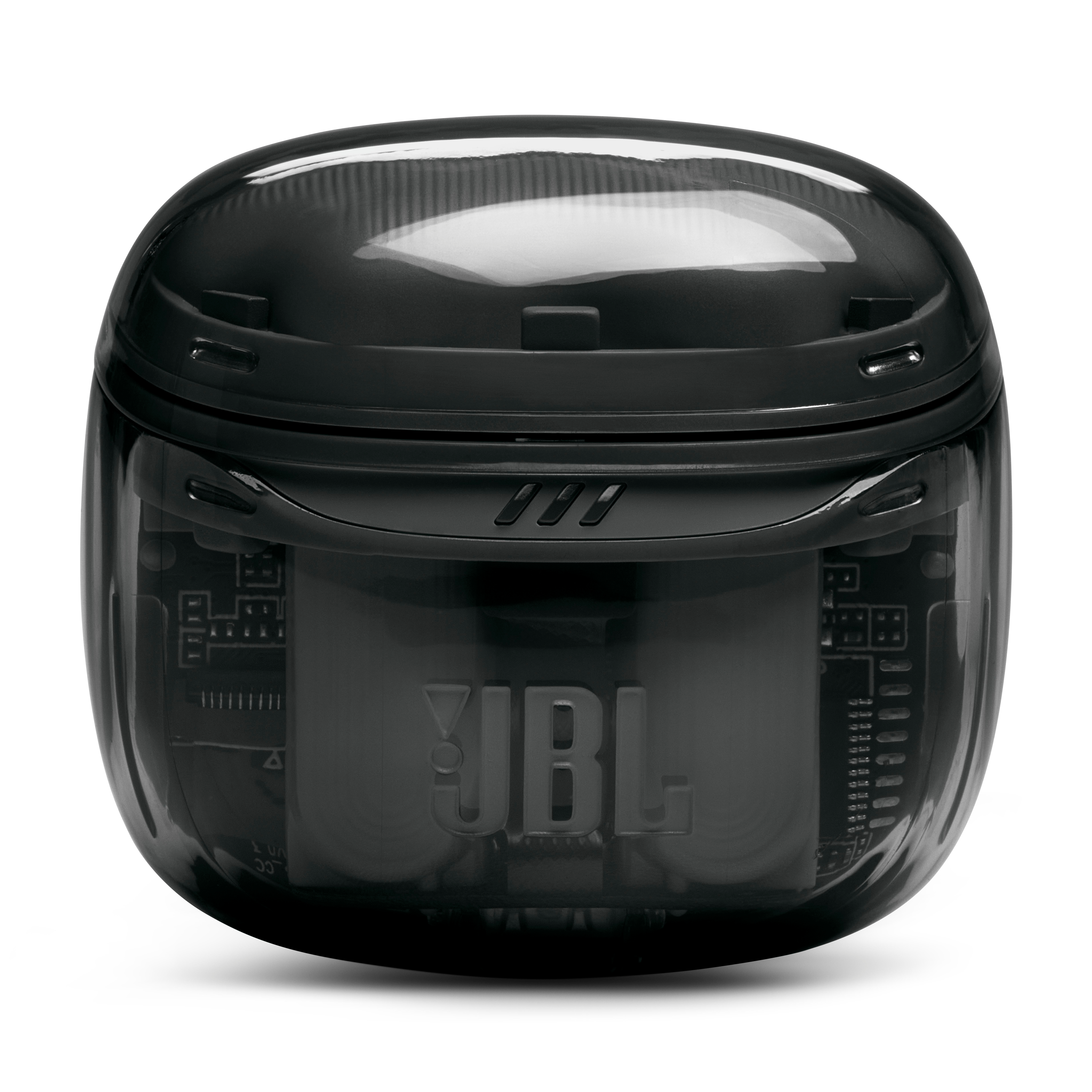 Schwarzes JBL-Ohrhörer-Ladecase mit sichtbaren Innenteilen.