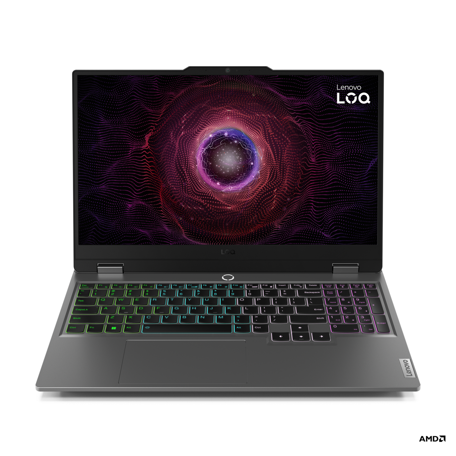 Zilveren Lenovo laptop met toetsenbord verlicht door gekleurde lichten, zwarte achtergrond.