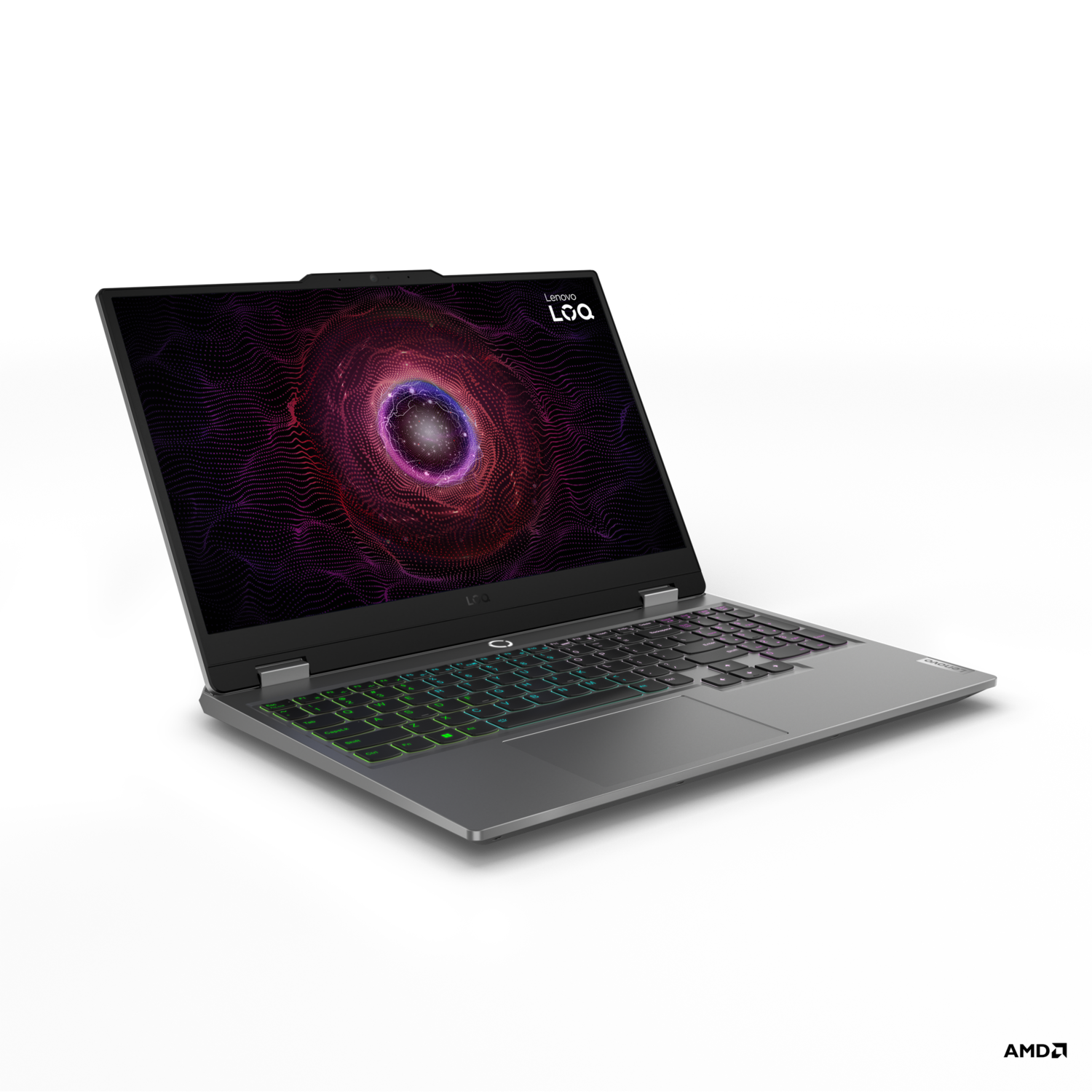 Een laptop met open scherm, met een kleurrijk toetsenbord, op een zwarte ondergrond.