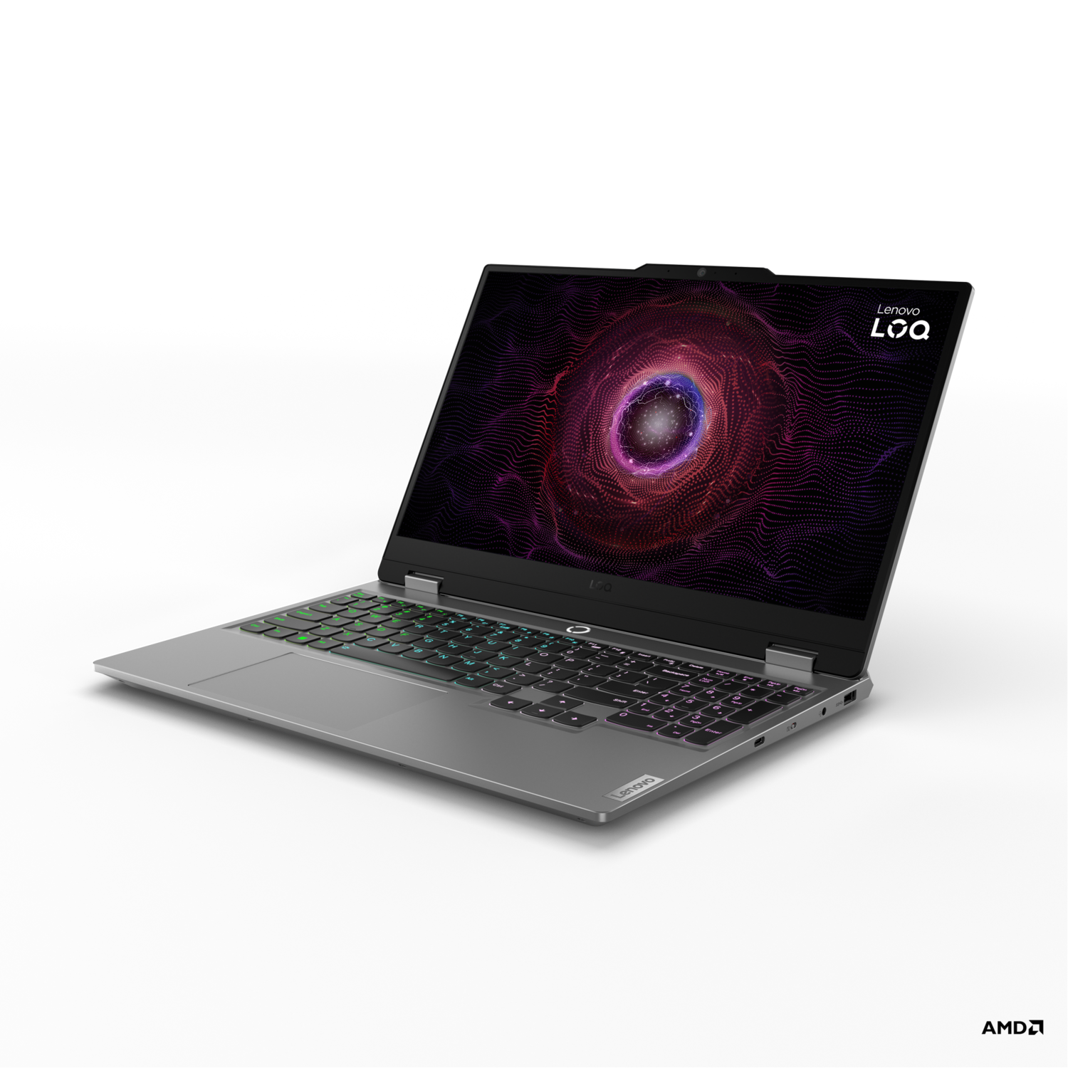 Een Lenovo LOQ laptop. Het scherm toont een kleurrijk, abstract ontwerp. Het toetsenbord heeft verlichte toetsen.