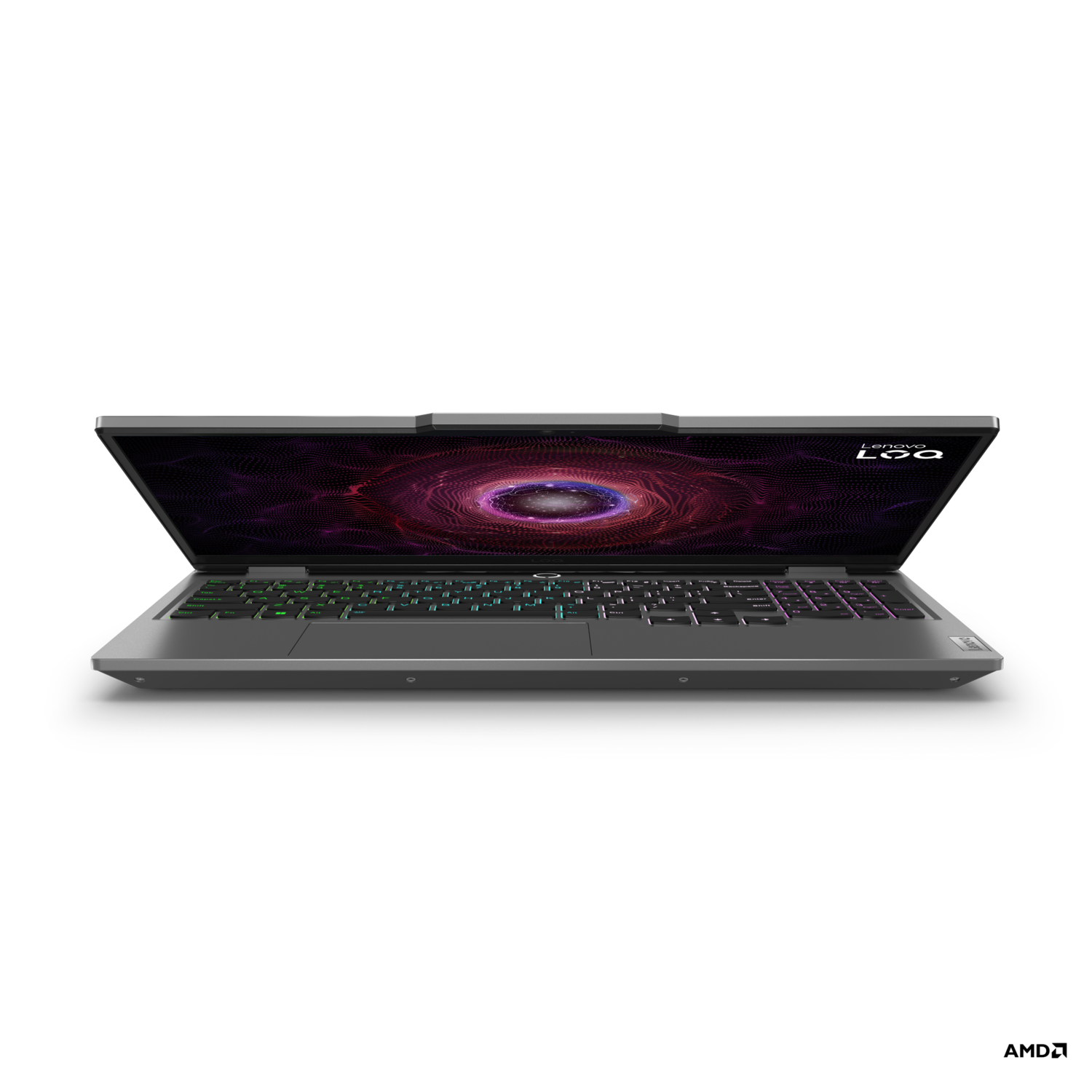 Een laptop is open, met een kleurrijk scherm. De laptop is zwart en zilver.
