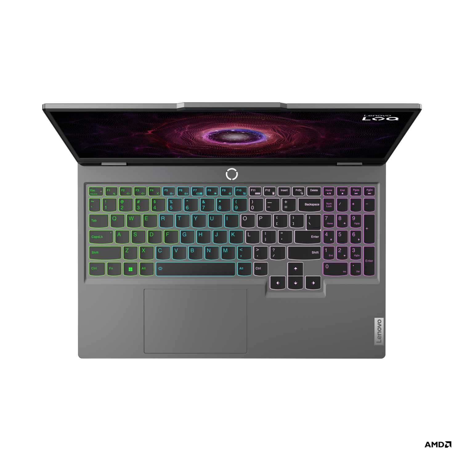 Een grijze Lenovo laptop met een kleurrijk toetsenbord. Het scherm toont een galaxy-achtig patroon.