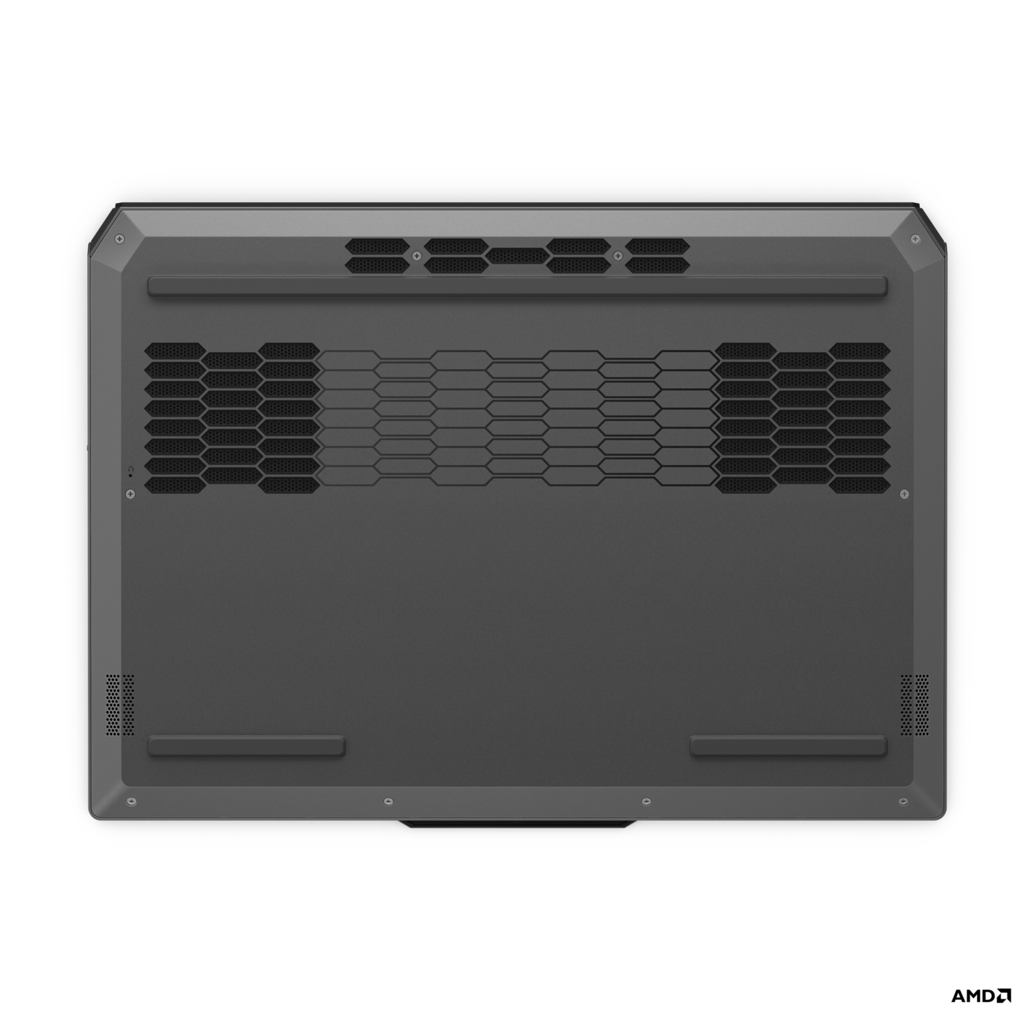 De onderkant van een grijze laptop. Er zijn ventilatieopeningen en rubberen voetjes zichtbaar.