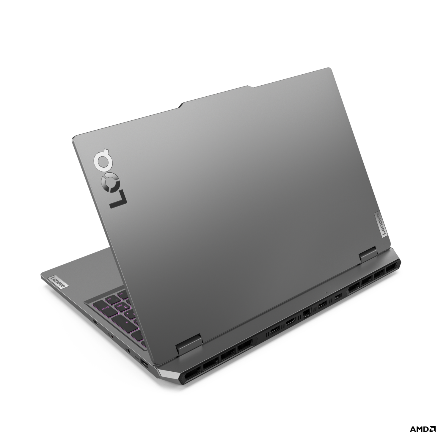 Een grijze Lenovo Legion laptop, bovenaanzicht, met het Legion-logo zichtbaar.