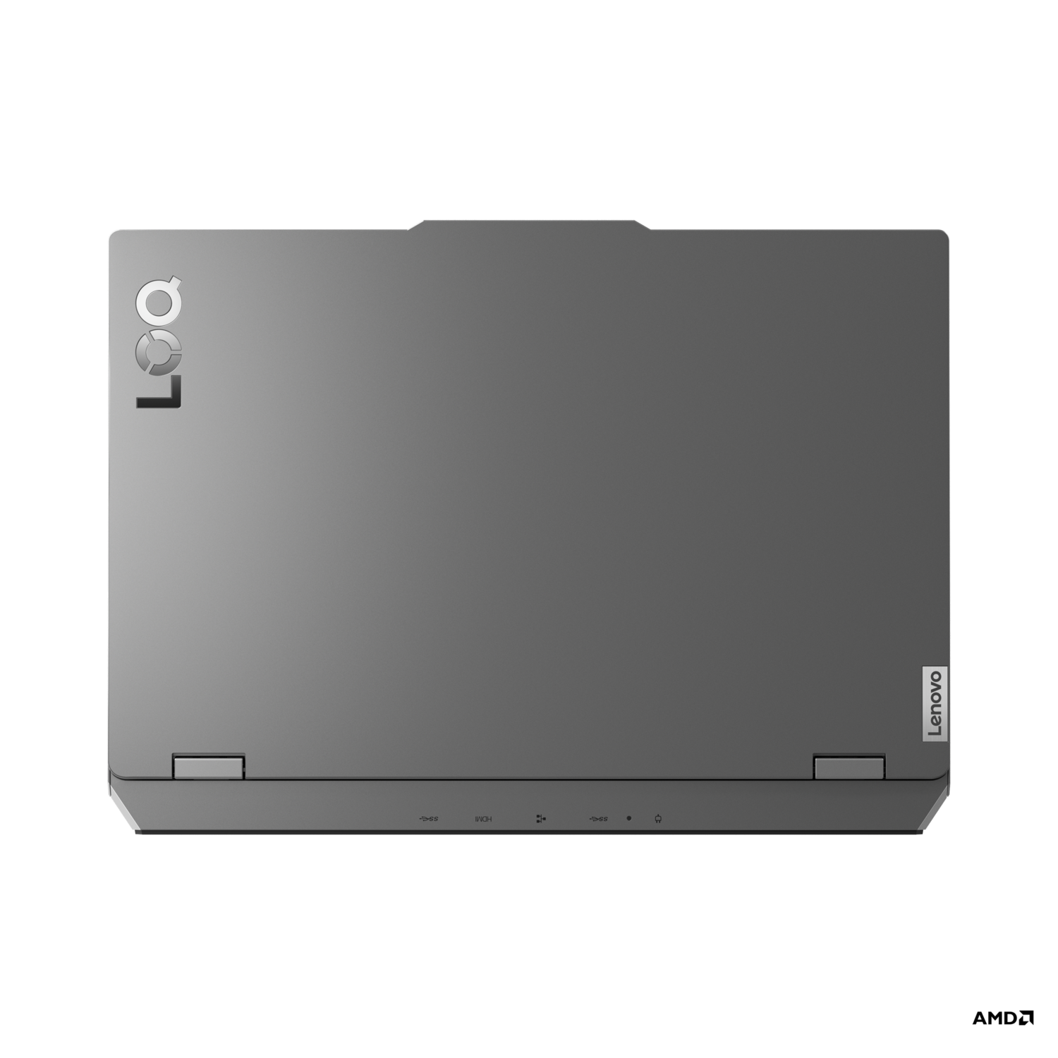 Donkergrijze laptop, Lenovo-logo linksboven, Lenovo-tekst rechtsonder en twee scharnieren onderaan.