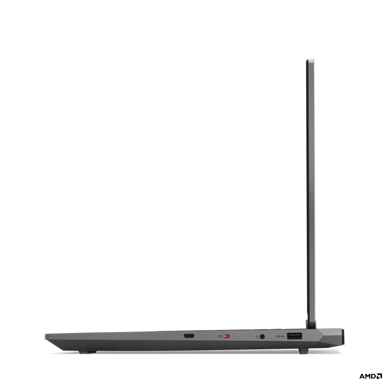 Een laptop van de zijkant bekeken. Het scherm staat open en toont een donkere achtergrond.