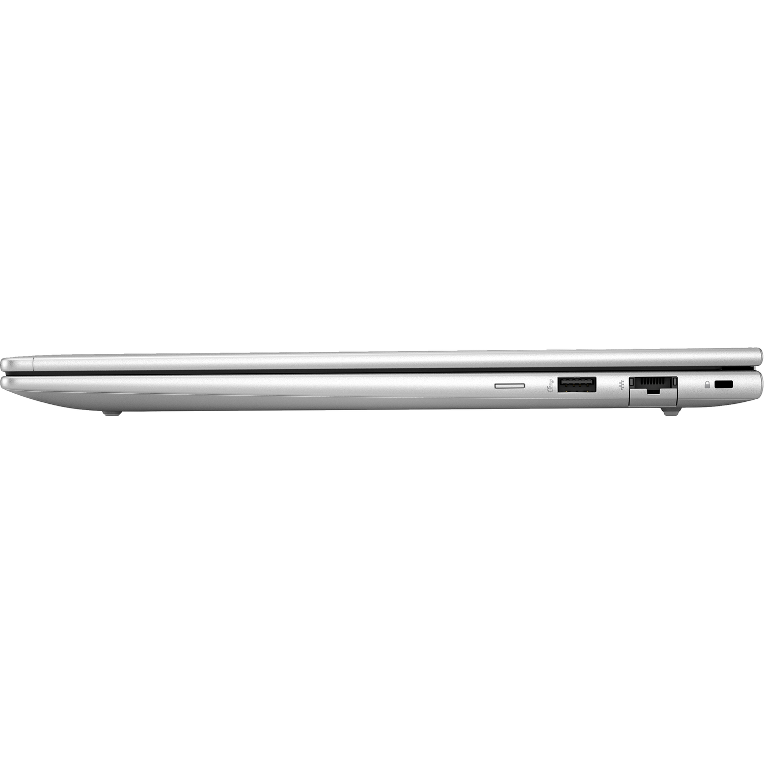 Zijaanzicht van een zilveren laptop, gesloten, met de poorten en het zijprofiel.