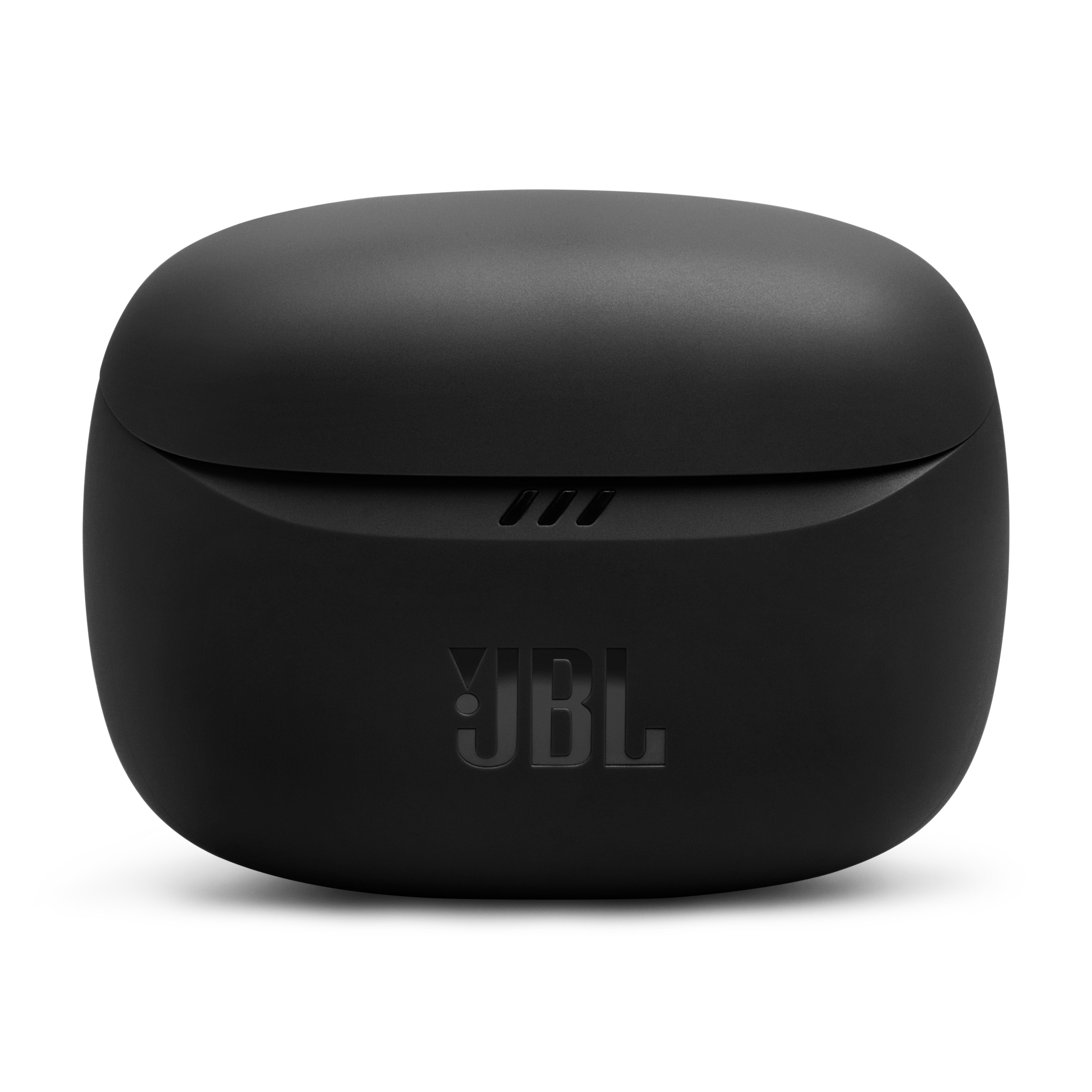 Schwarzes Ohrhörer-Ladecase mit JBL-Logo. Weißer Hintergrund.