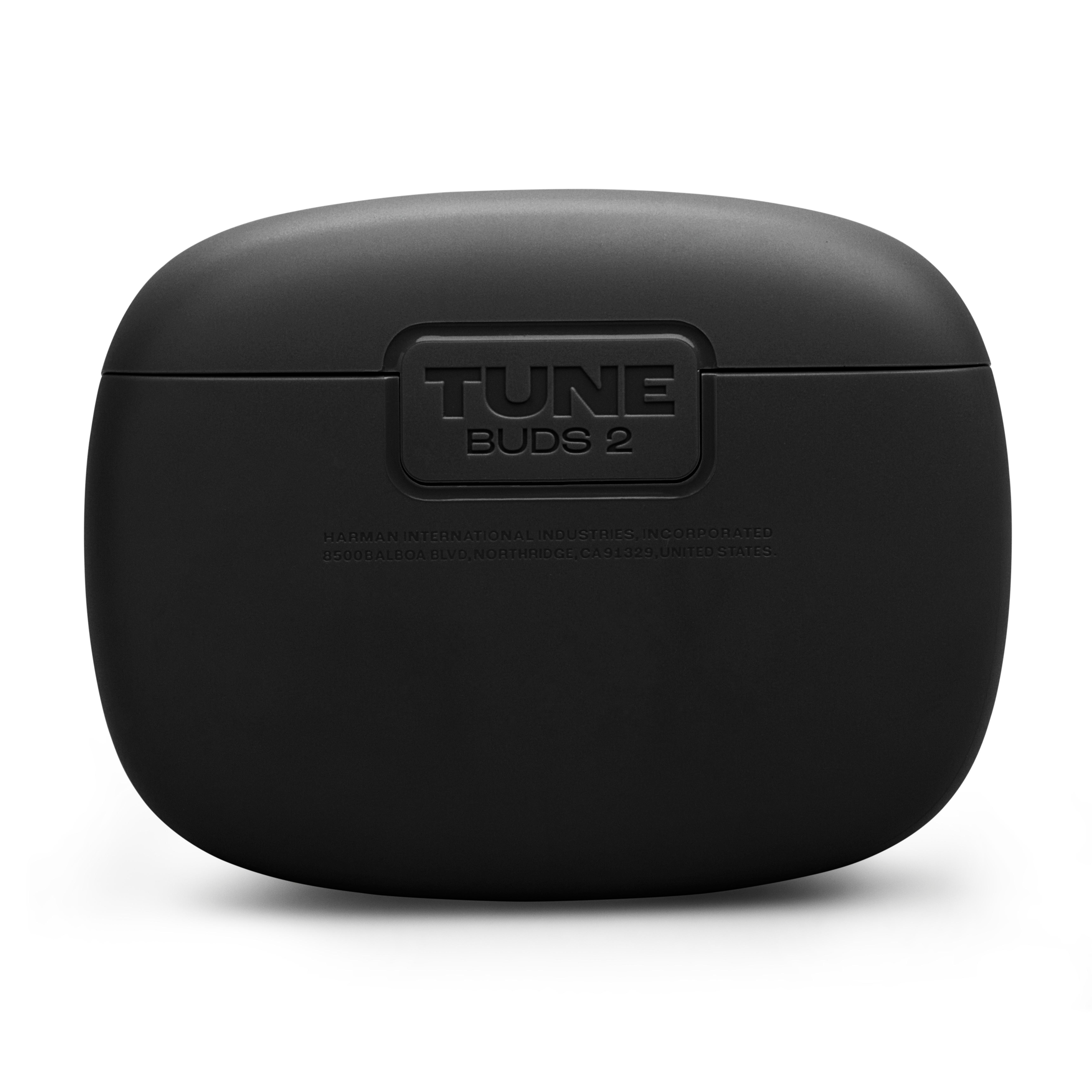 Schwarzes Ladeetui für Ohrhörer. Das Etui hat den Text "TUNE BUDS 2" auf der Oberseite.