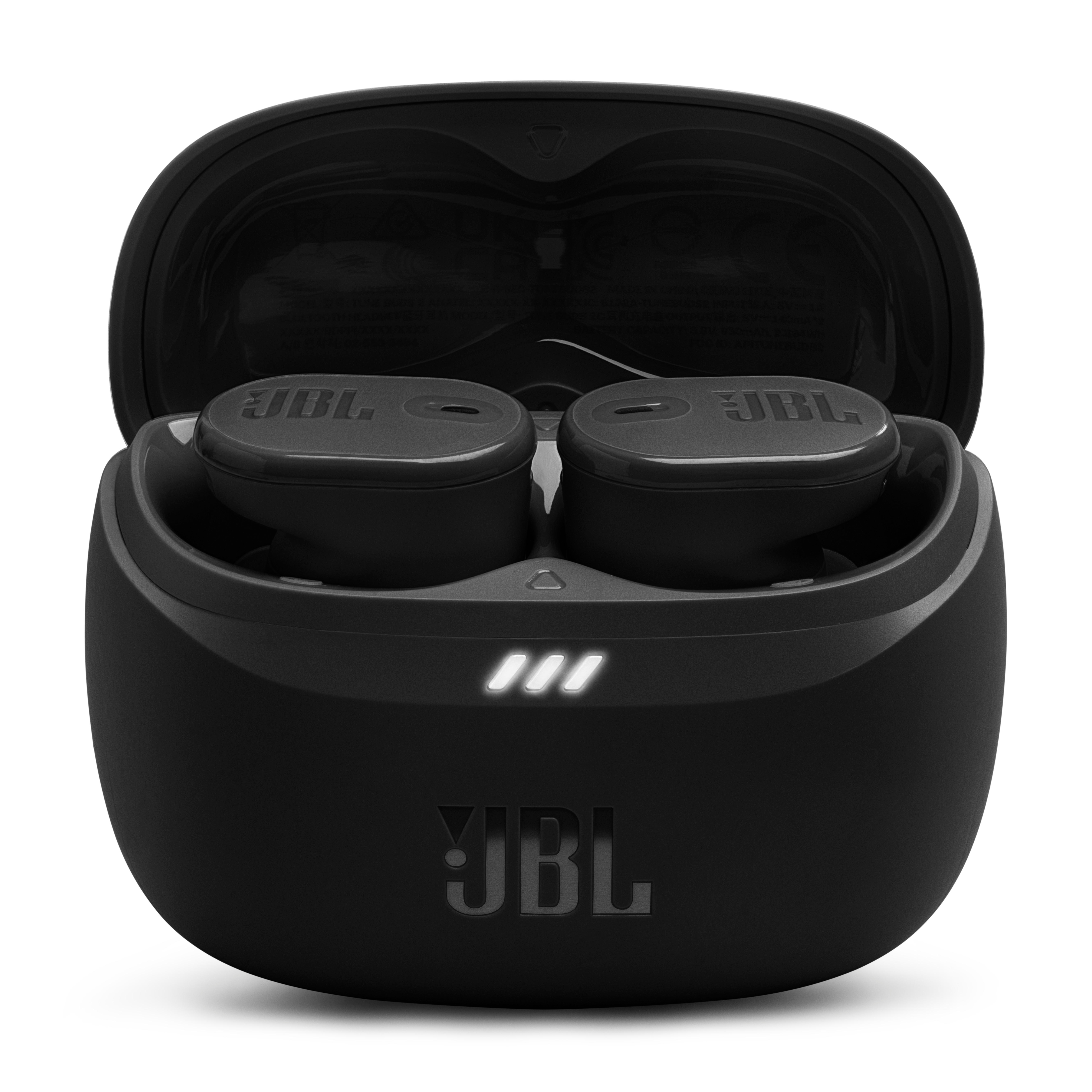 Schwarze JBL-Ohrhörer in Ladeetui. Drei weiße Lichter zeigen den Ladestatus an.