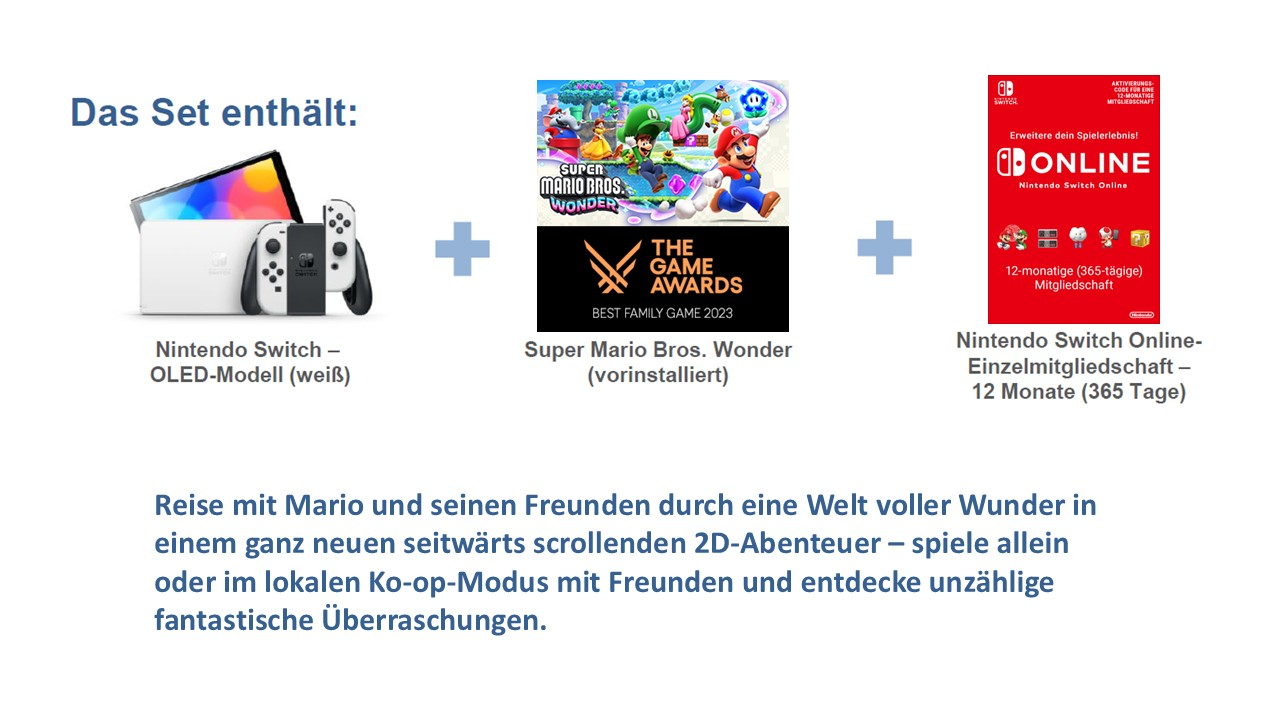 Nintendo Switch OLED-Set mit Spiel und Abonnementkarte auf Weiß.