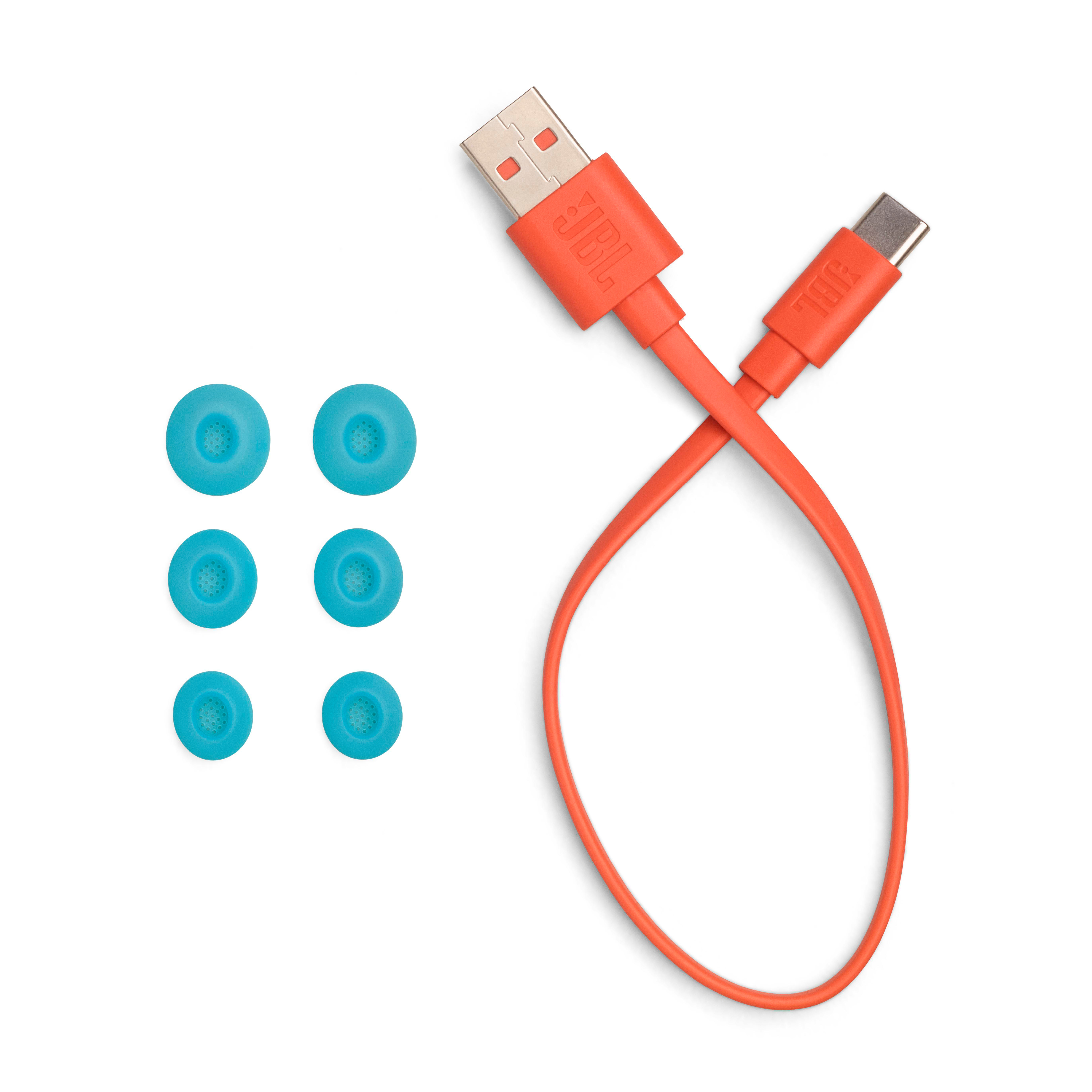 Orangenes USB-C-Kabel und USB-Kabel mit JBL-Branding und drei Paar blaue Ohrstöpsel.