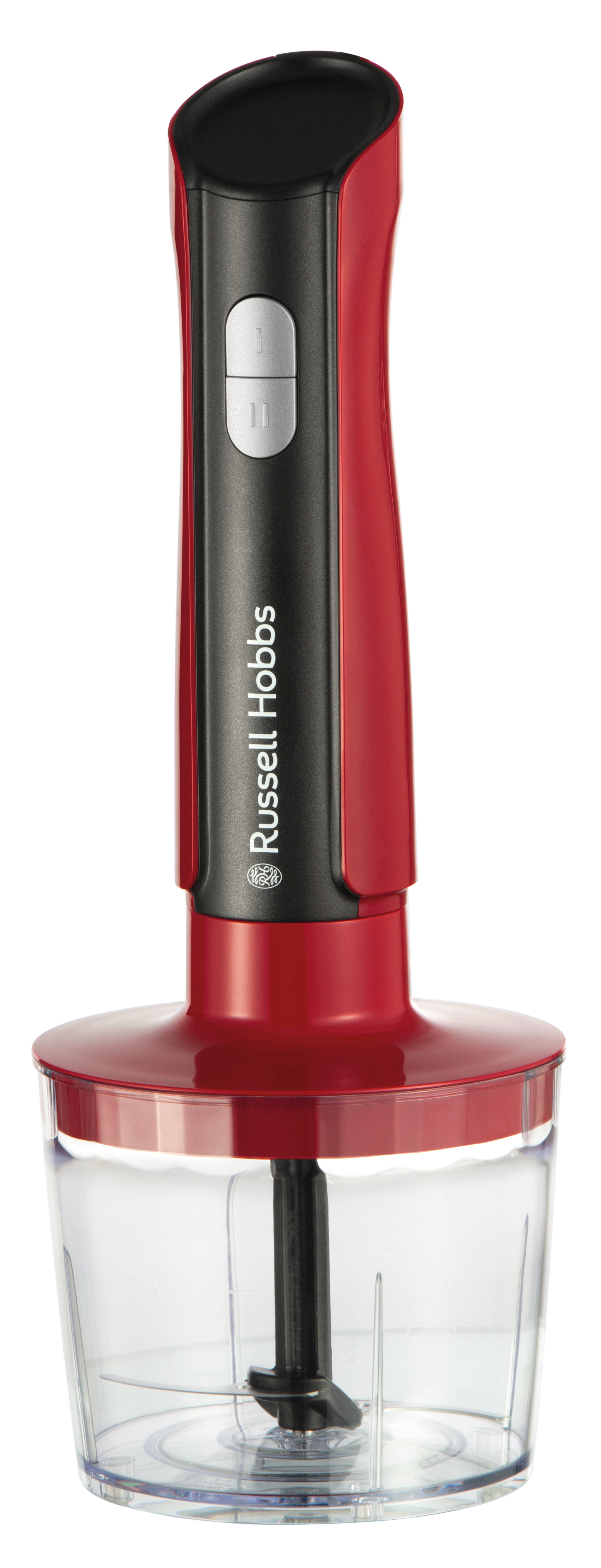 Piros és fekete botmixer átlátszó edénnyel. A "Russell Hobbs" márkanév látható.