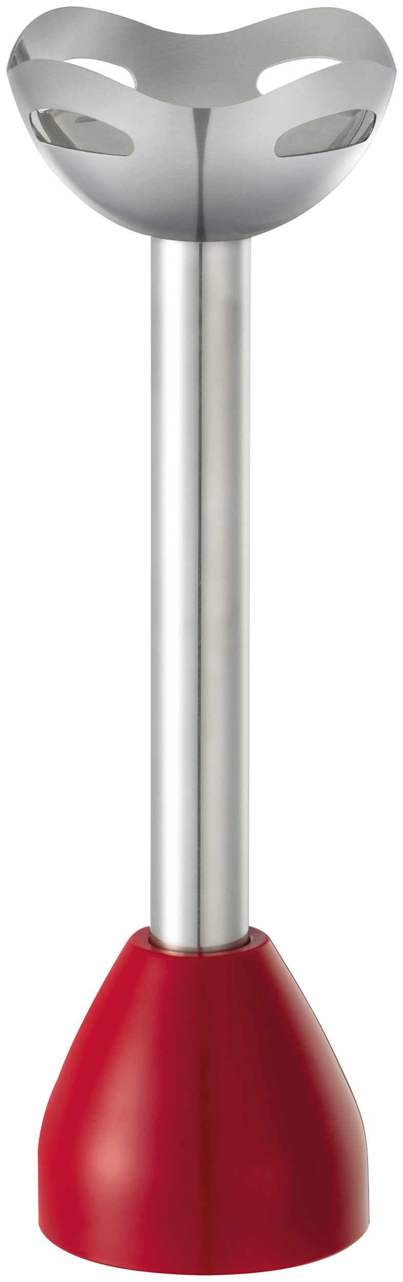 Ezüst botmixer piros alappal fekete háttéren.