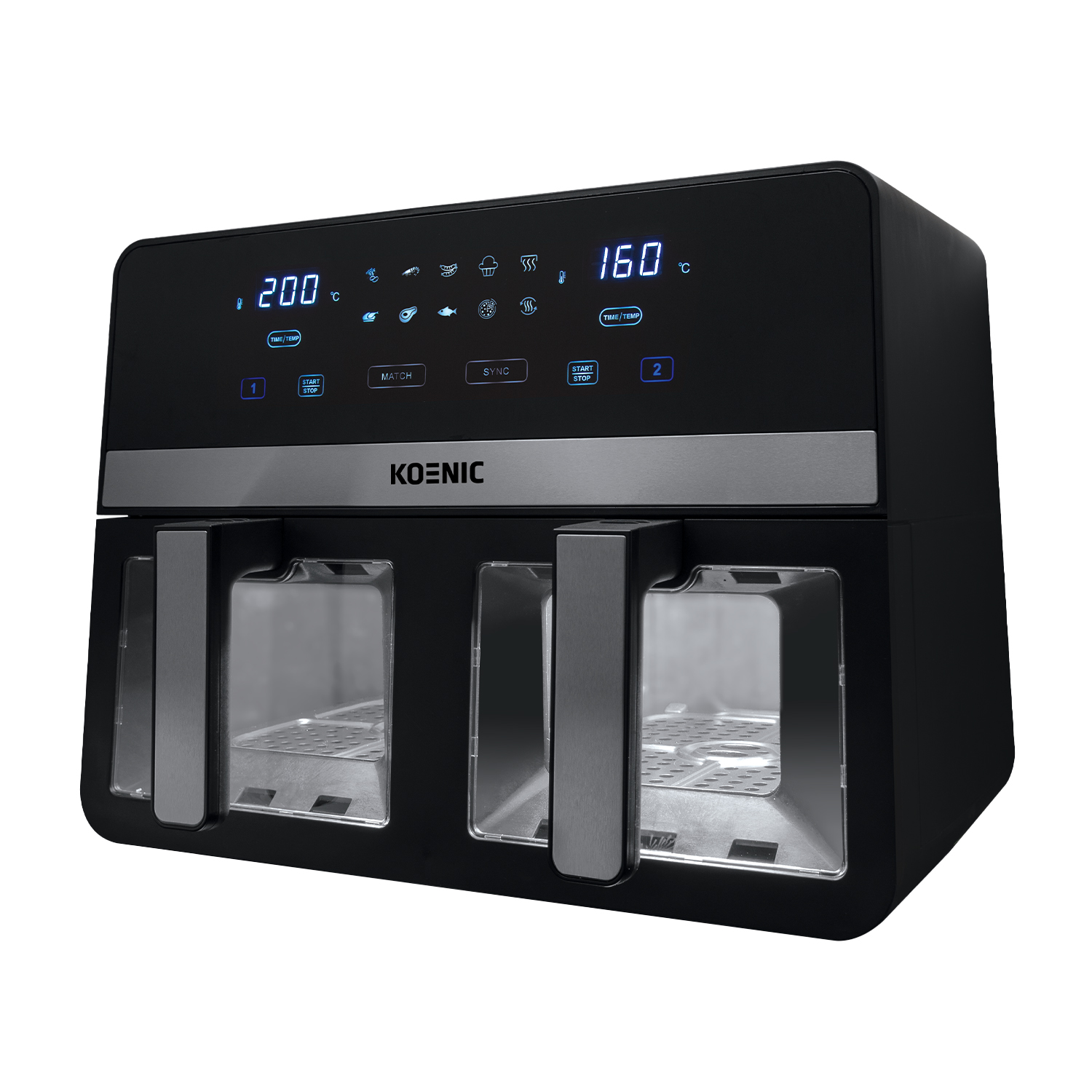 Friggitrice ad aria Koenic nera con due scomparti, display digitale con temperatura e impostazioni.