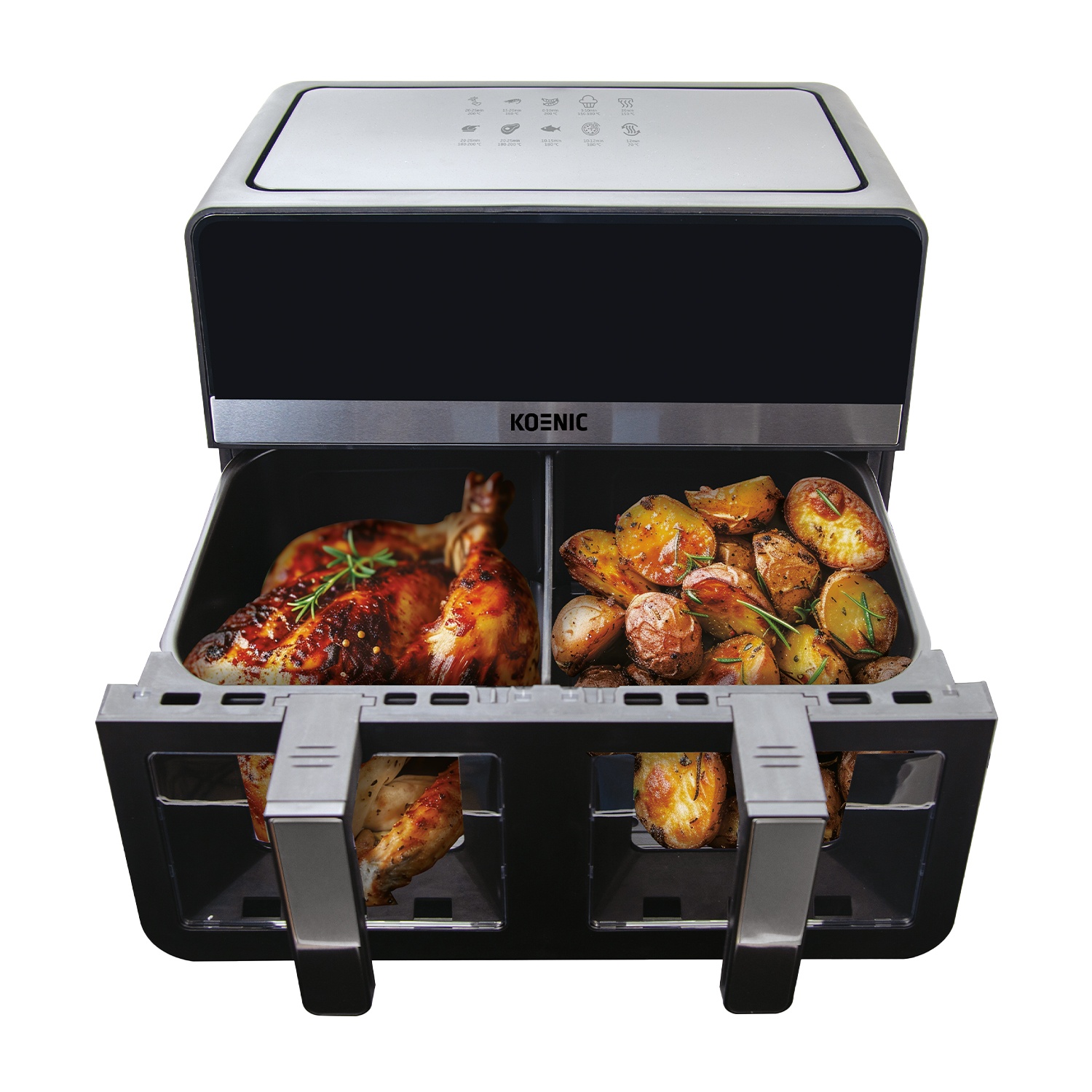 Friggitrice ad aria nera e argento con due scomparti, uno con pollo arrosto e patate.