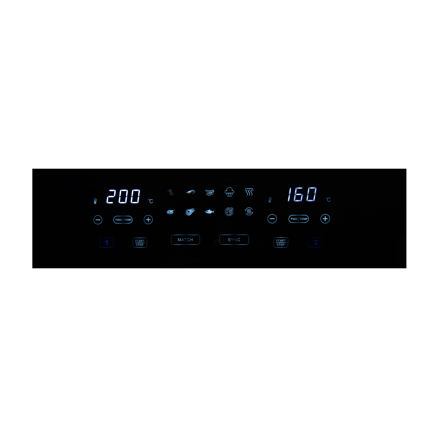 Pannello comandi forno nero con display digitali che mostrano temperature e simboli per varie modalità di cottura.